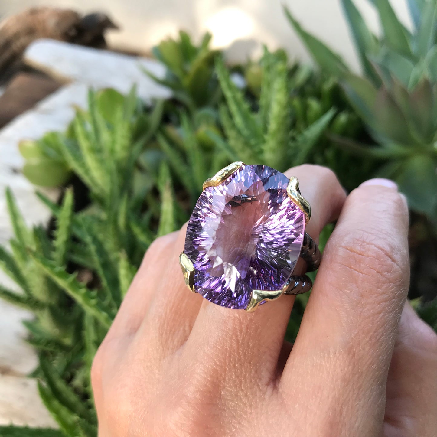 Sterling dark amethyst huge 45ct statement solitaire Ring 8.5