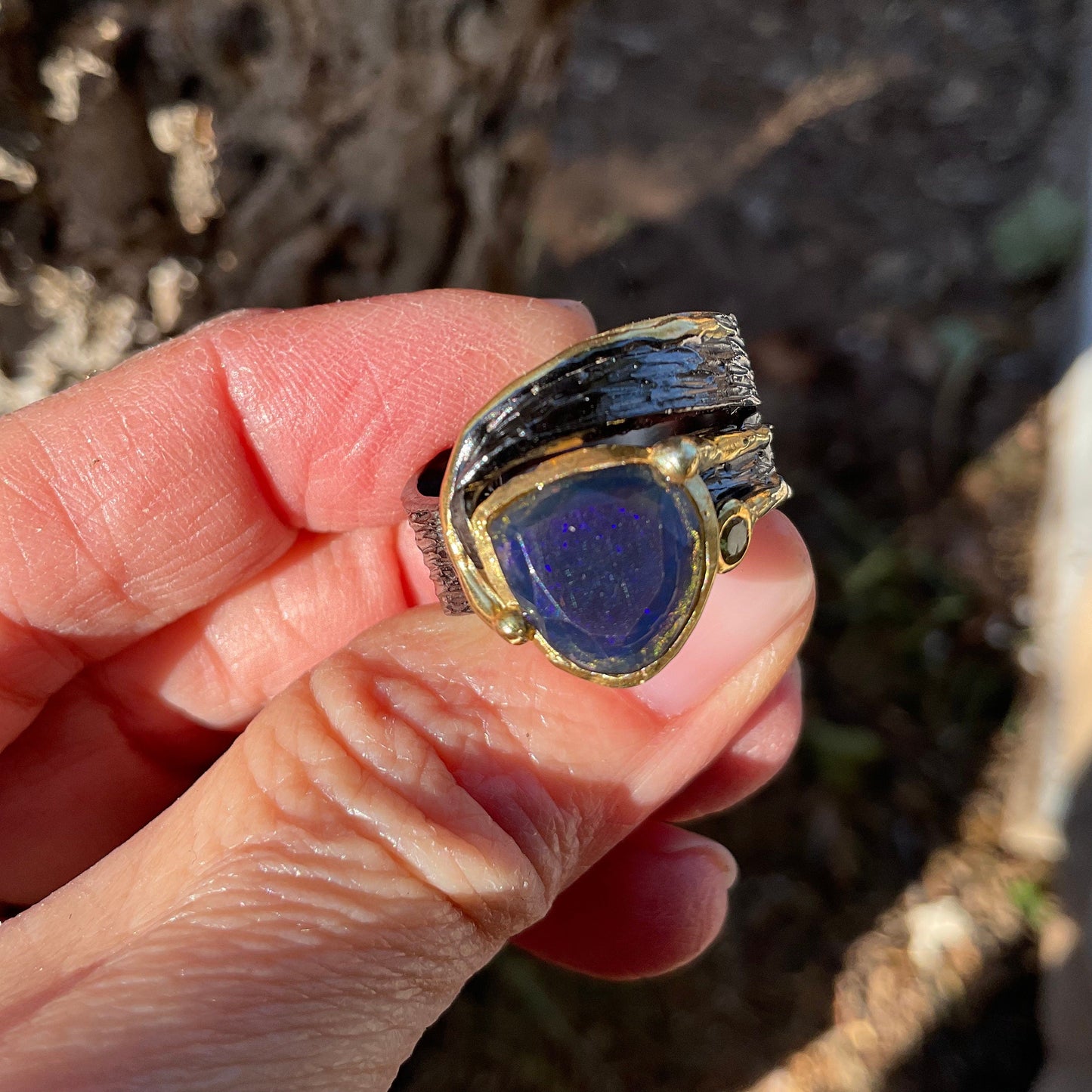 sterling silver natural Blue fire opal modern Etnika band ring 8 Colors Of Etnika