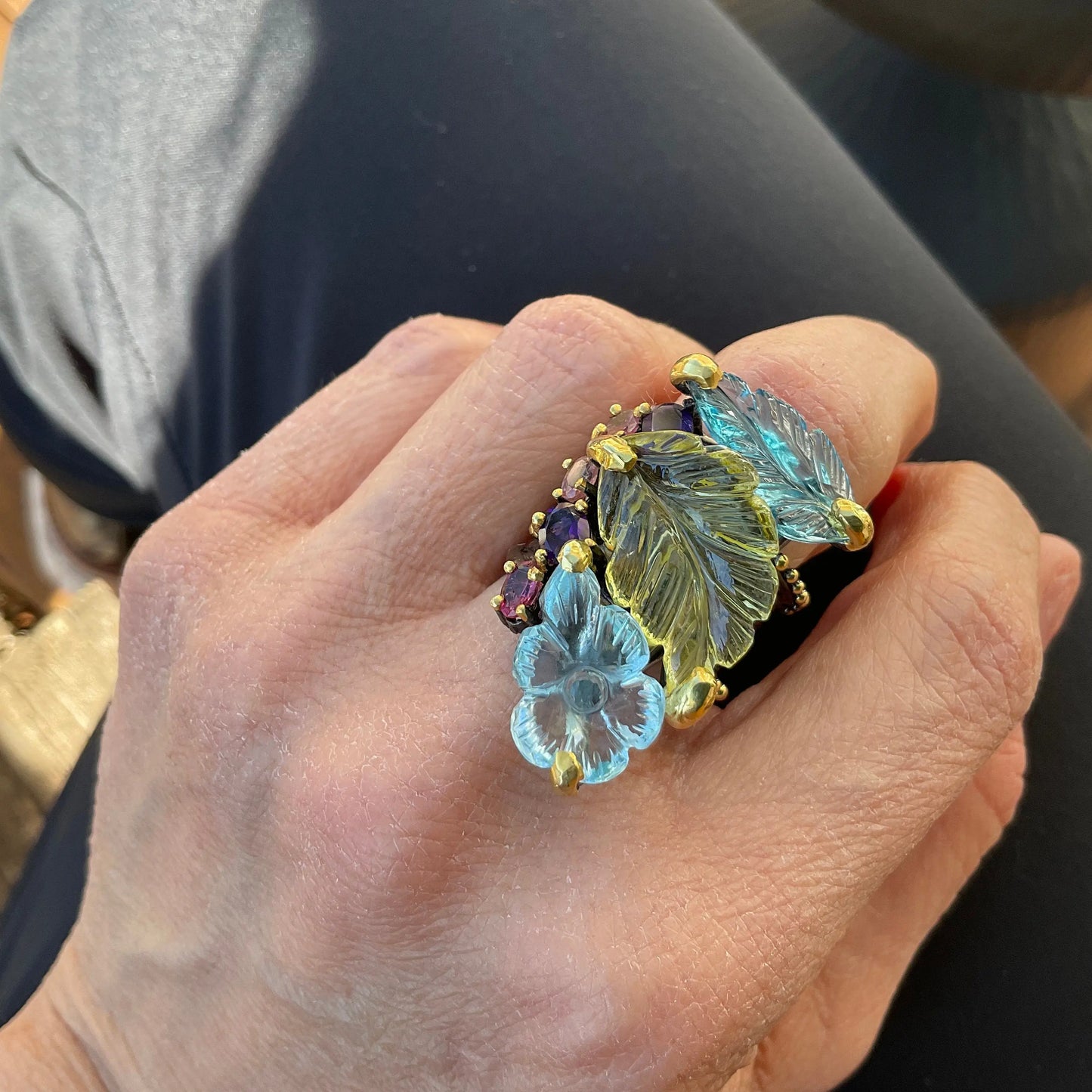 Sterling Silver Natural lemon quartz topaz carved art statement Ring 7.5 Colors Of Etnika