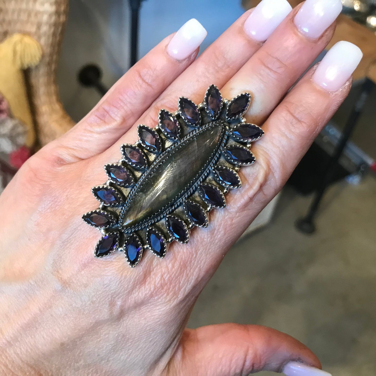 Sterling Silver Marquis labradorite amethyst huge adjustable Ring