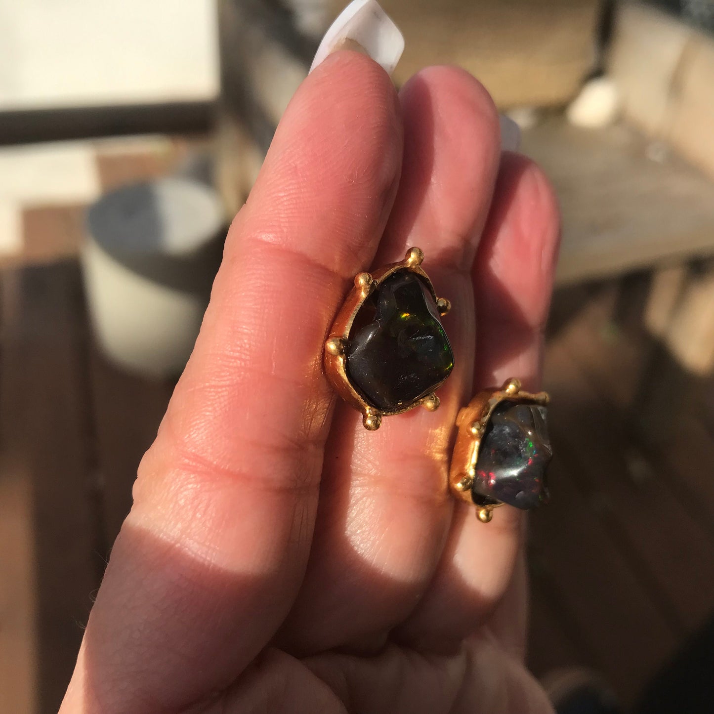 Sterling Silver Natural black red fire Opal heirloom medium stud Earrings