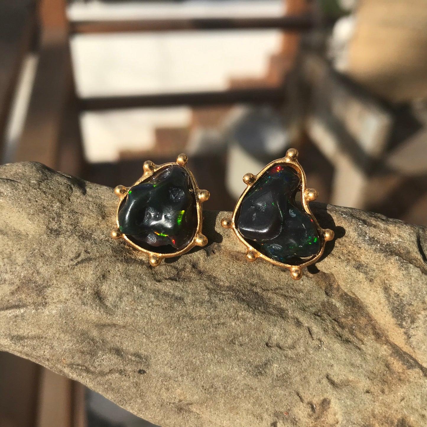 Sterling Silver Natural black red fire Opal heirloom medium stud Earrings Colors Of Etnika