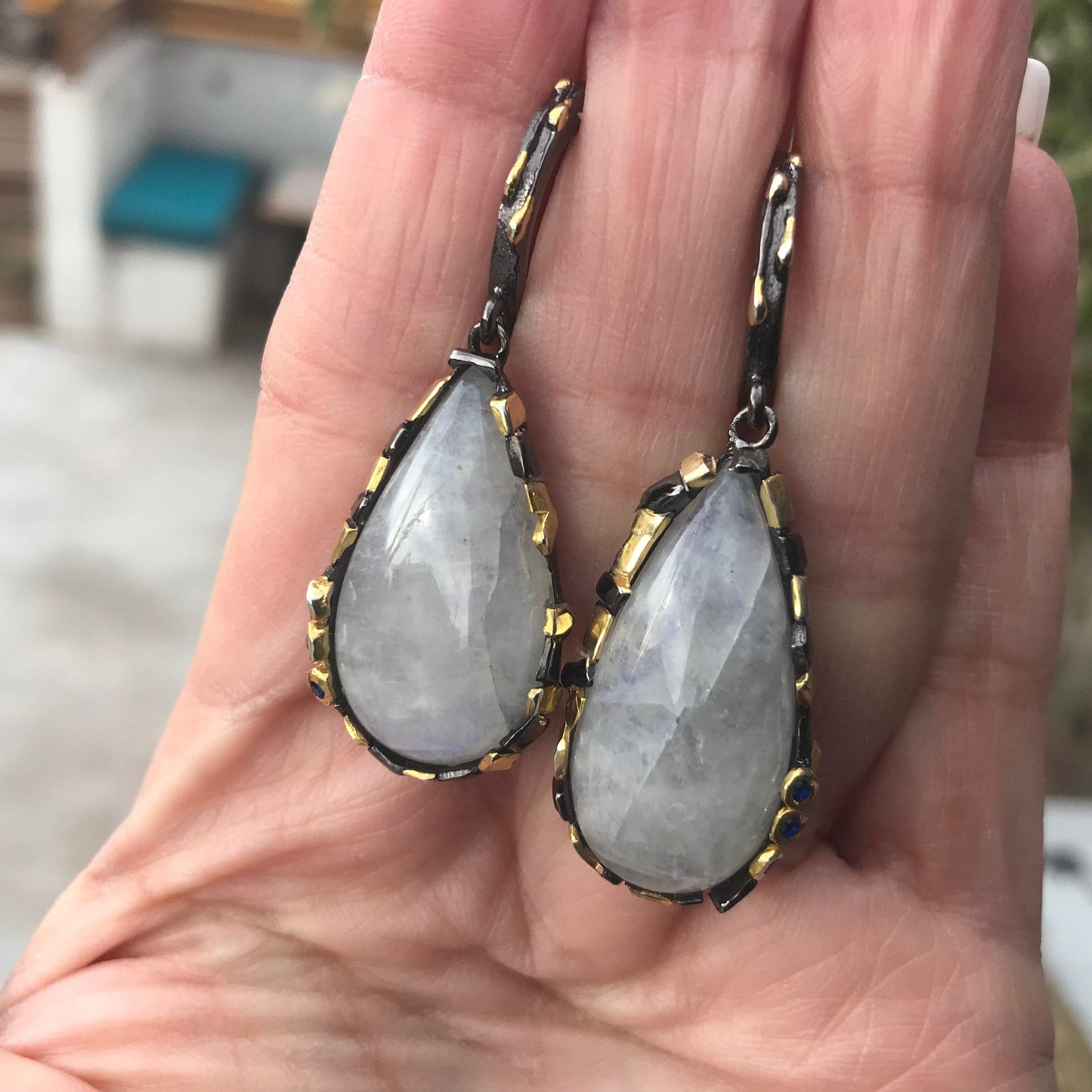 Sterling Silver Moonstone statement modernist pear shape earrings Colors Of Etnika