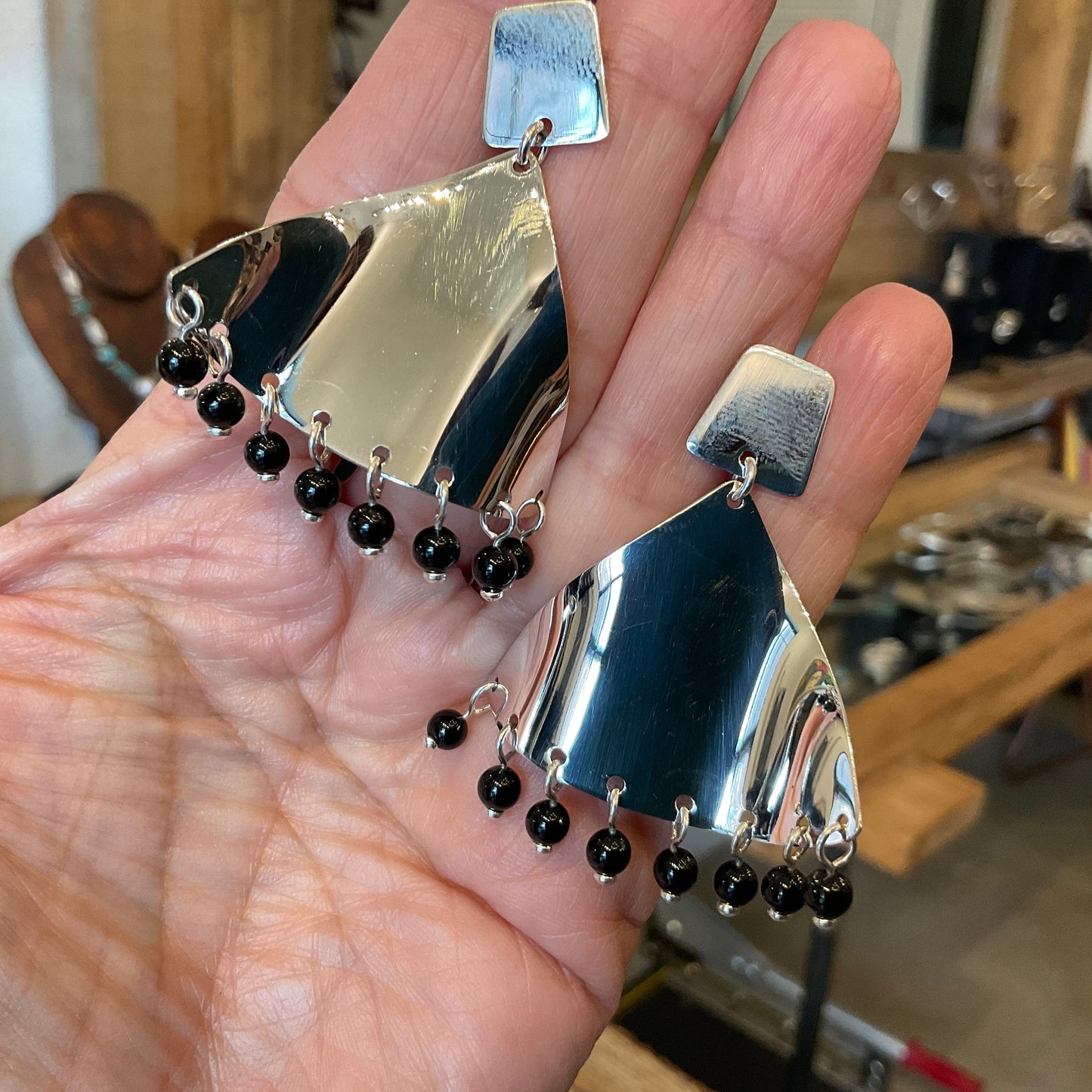 Sterling Silver modernist large long dangle earrings flamenco onyx