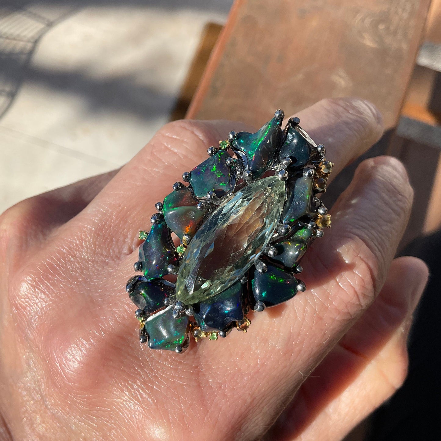 Sterling Silver green Amethyst heirloom Fire Rainbow Huge opal ring 7.5 Colors Of Etnika