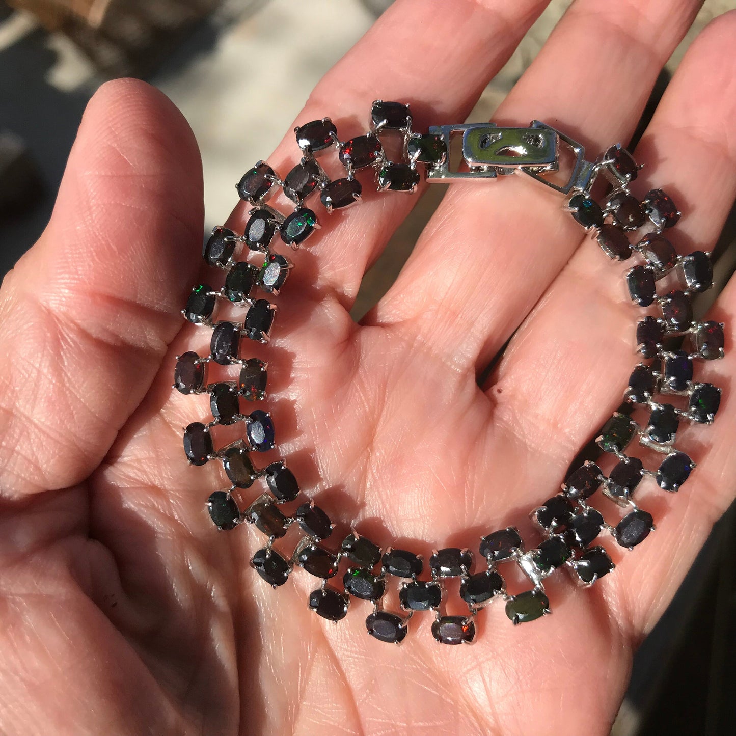 Sterling Silver Natural Black fire Opal tenis bracelet Colors Of Etnika