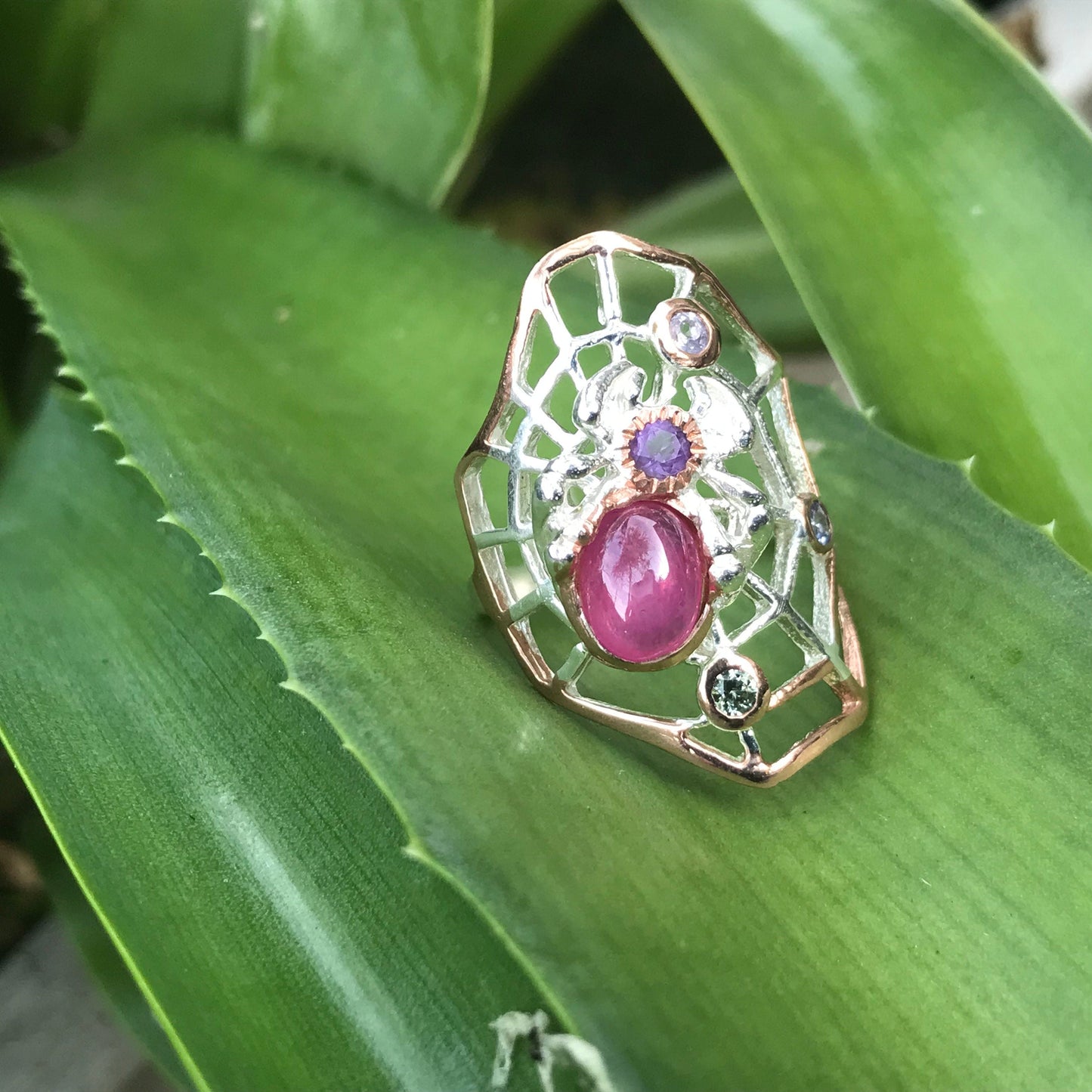 Sterling Silver ruby spider web ring 7.5 Colors Of Etnika