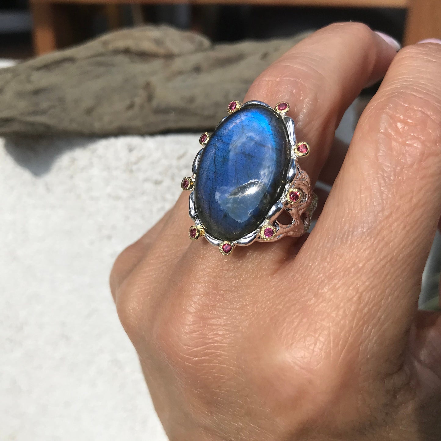 sterling silver Labradorite statement Ring 8.5