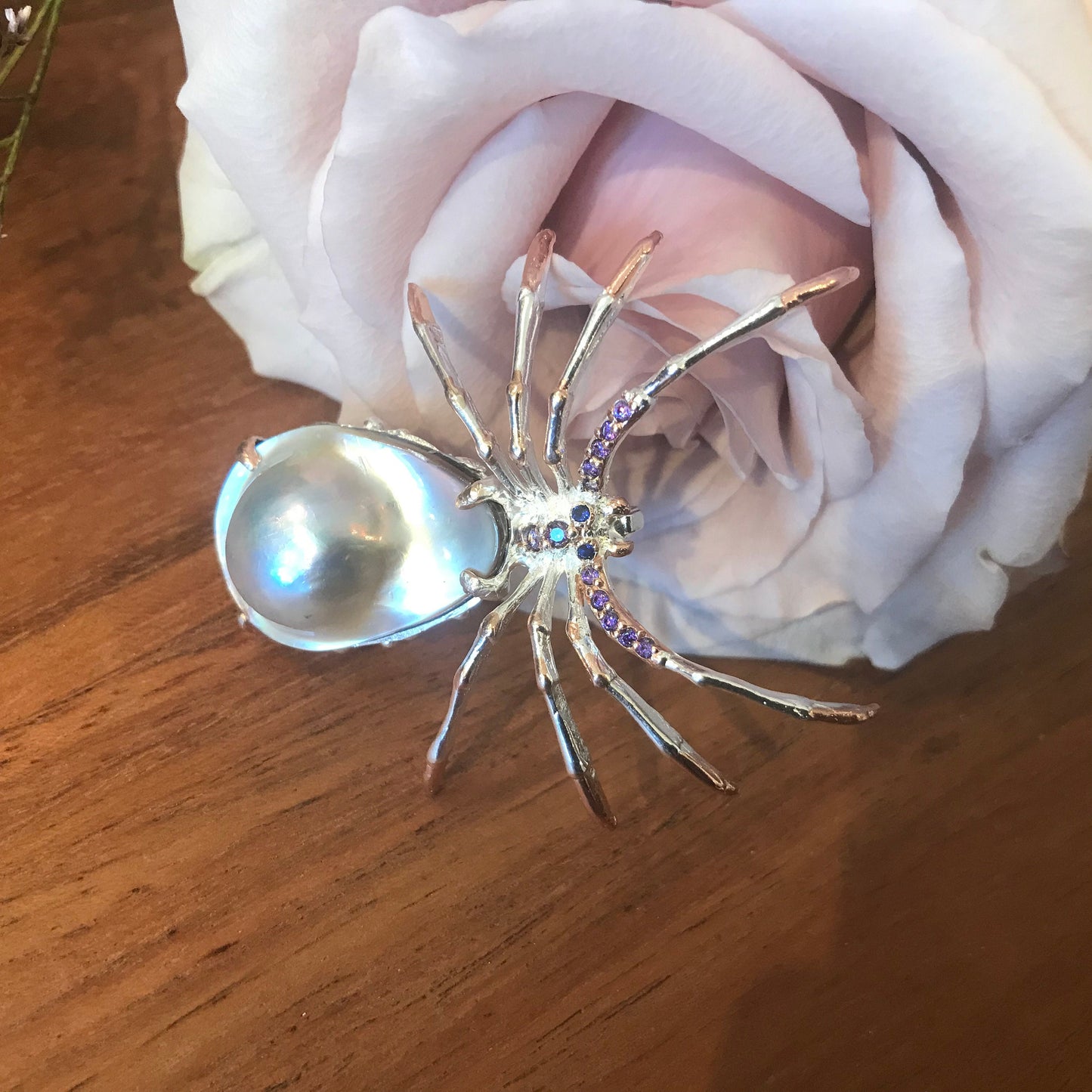Sterling silver natural shell pearl brooch pin spider