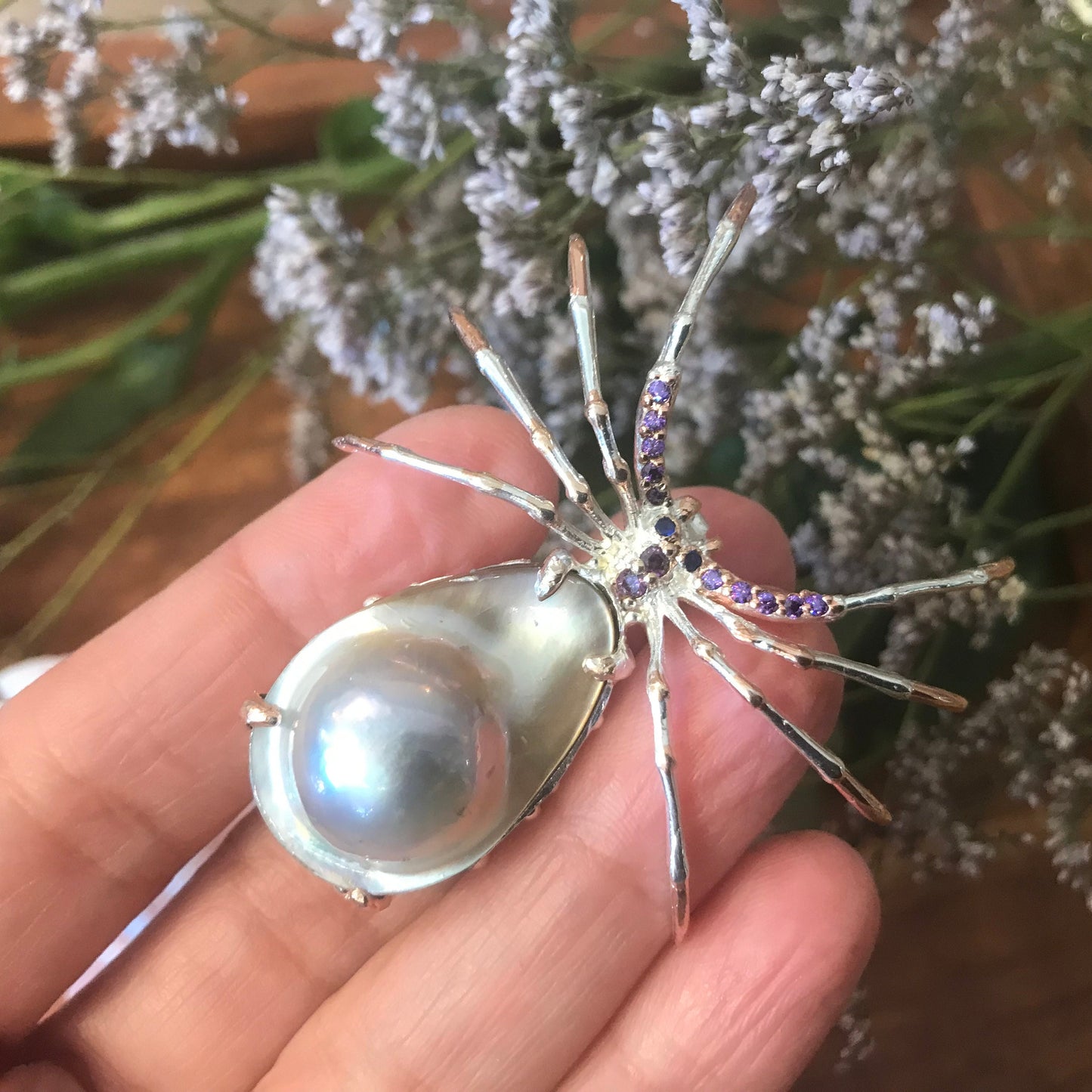 Sterling silver natural shell pearl brooch pin spider