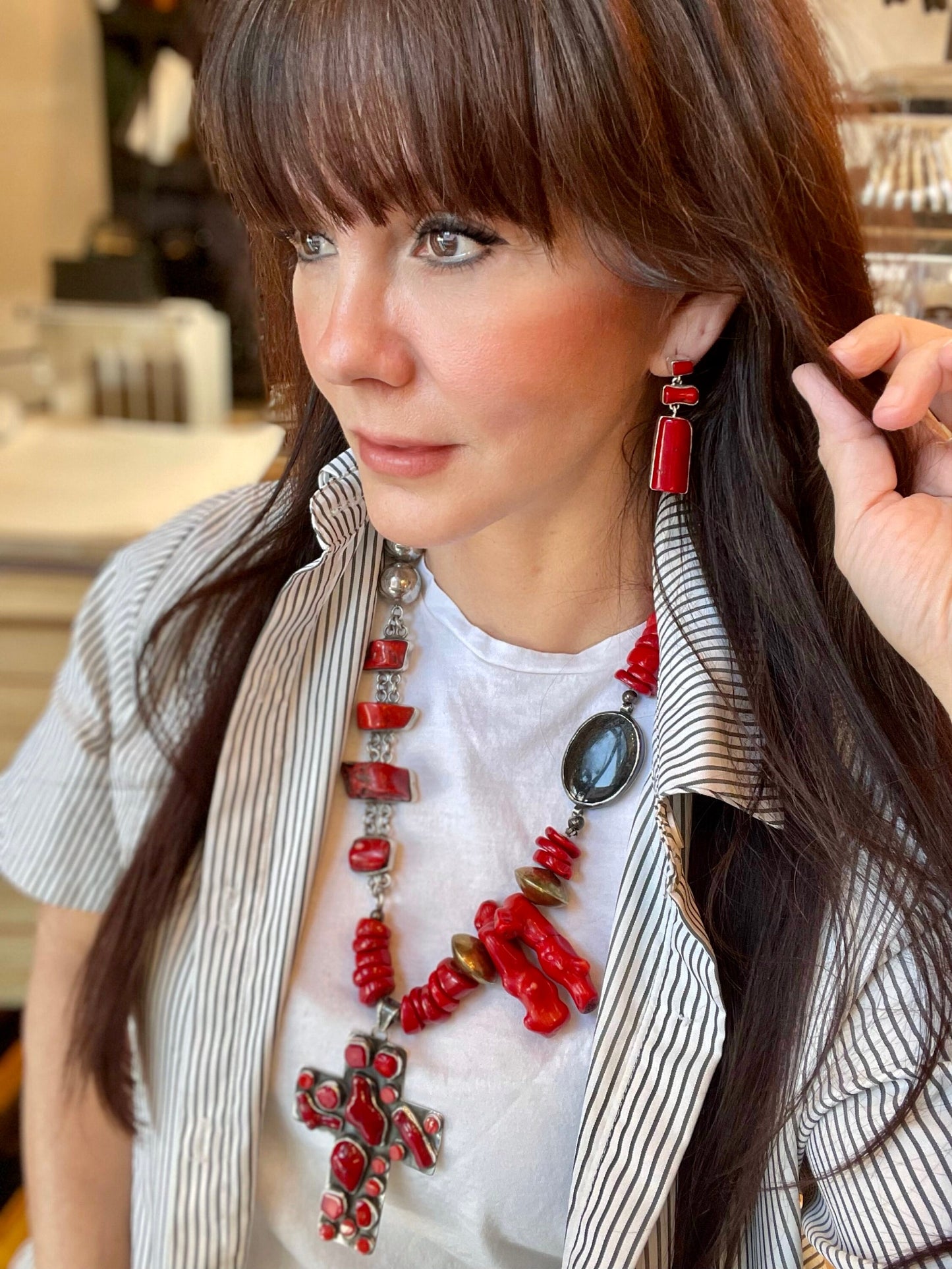 sterling silver Natural coral obsidian cross Statement necklace