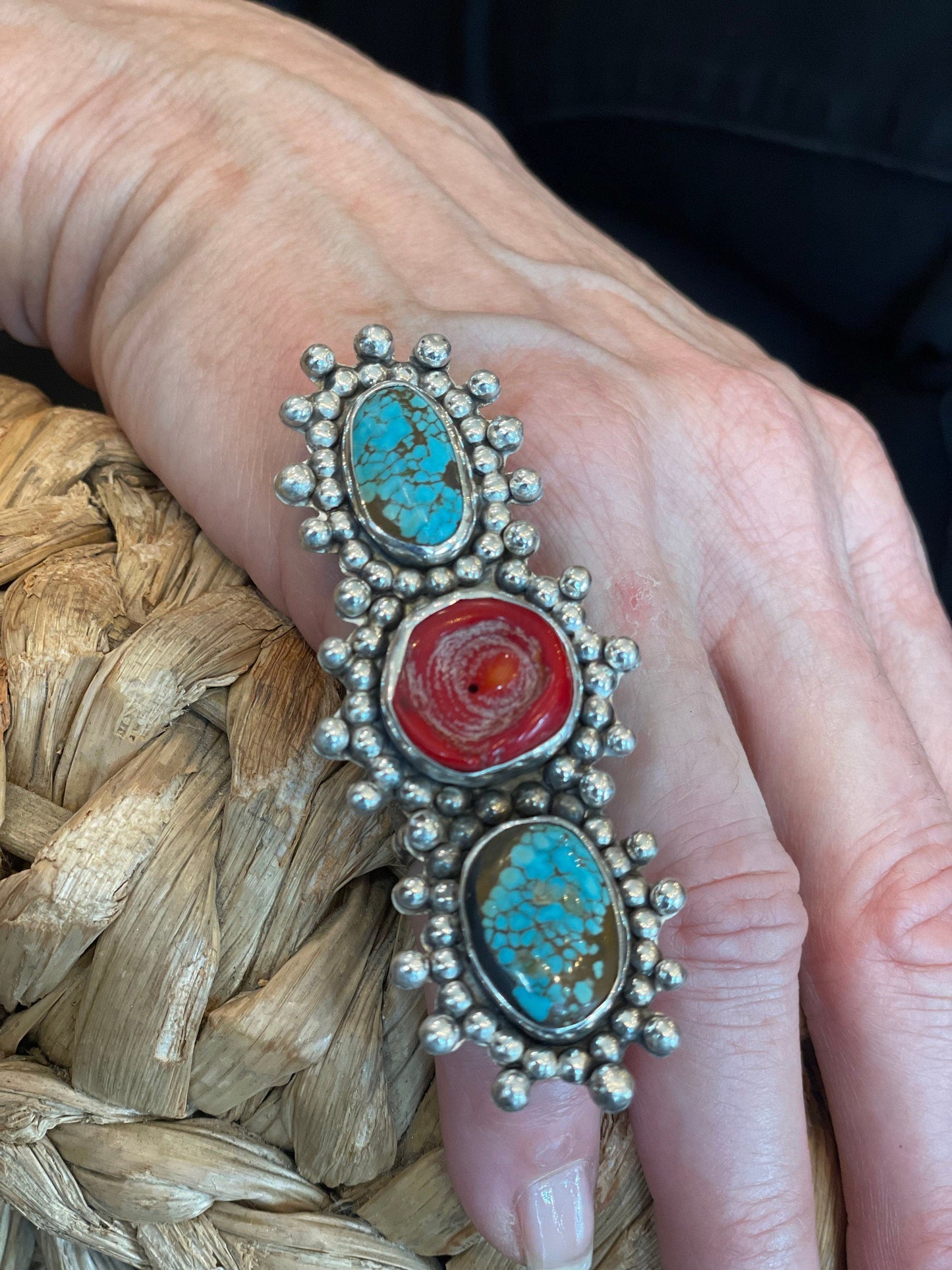 Turquoise Sterling Statement coral brutalist adjustable cuff ring Colors Of Etnika