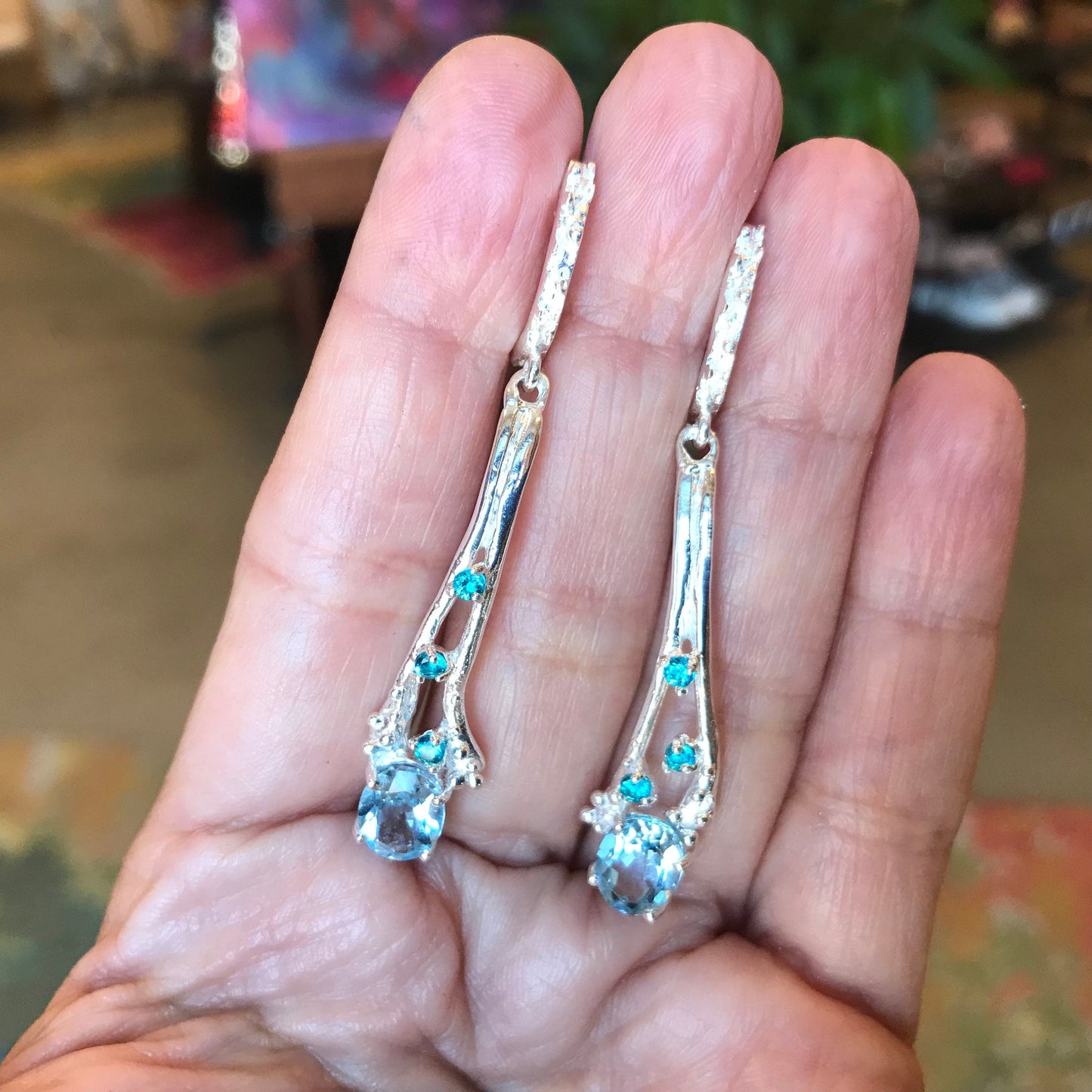 Sterling Silver blue topaz earrings abstract art to wear Colors Of Etnika