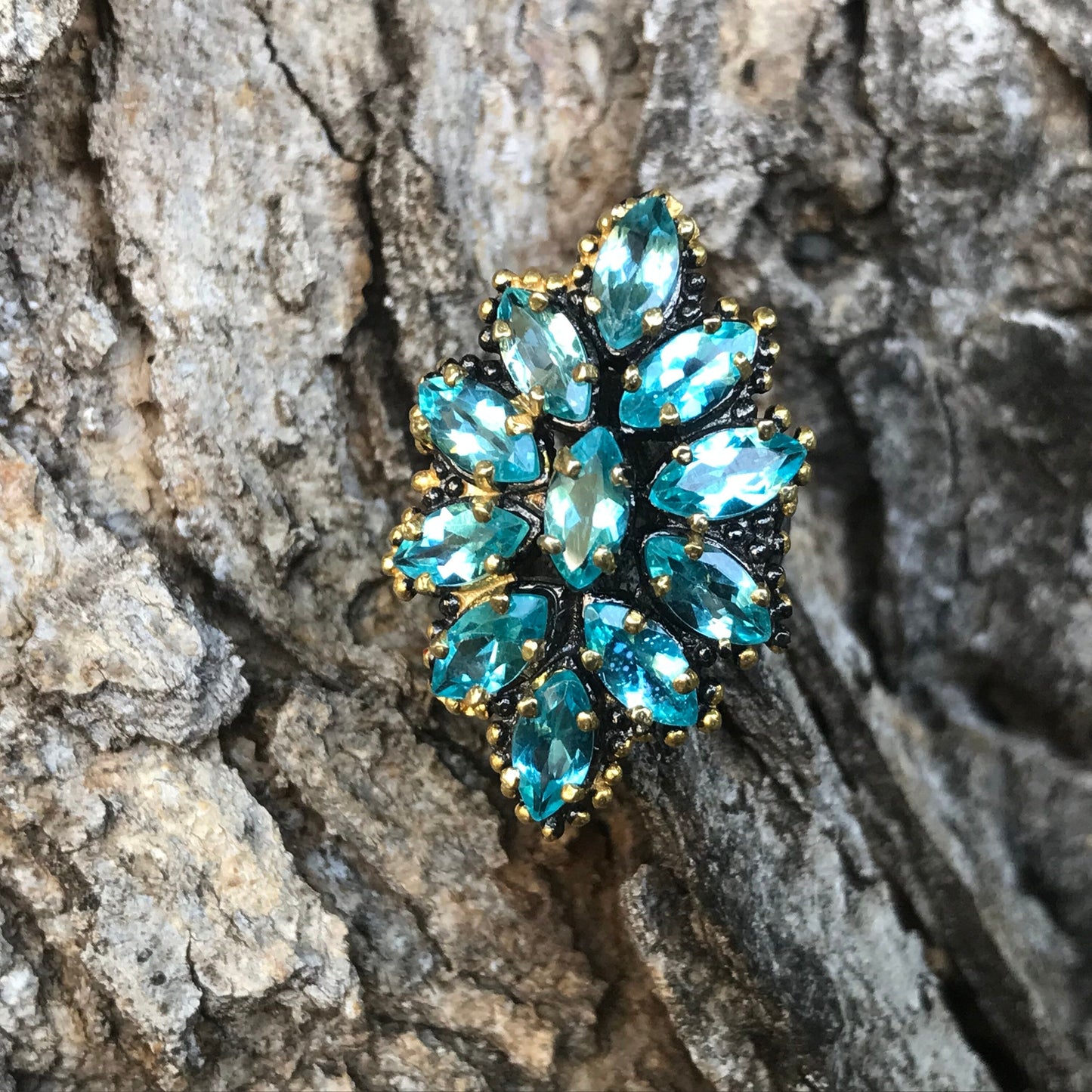 Sterling silver Blue topaz cluster statement ring 6 Colors Of Etnika