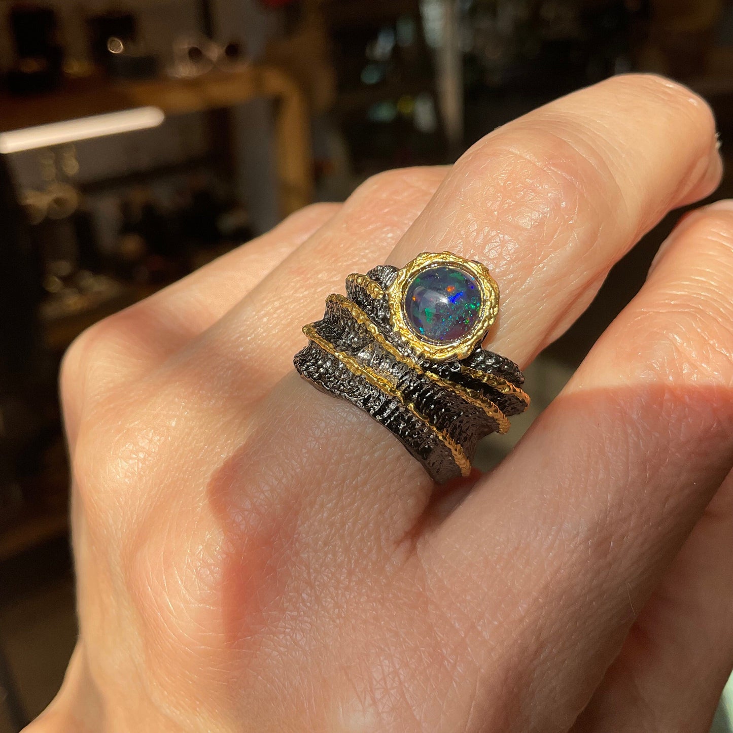 sterling silver natural black fire opal band ring 6.5 Colors Of Etnika