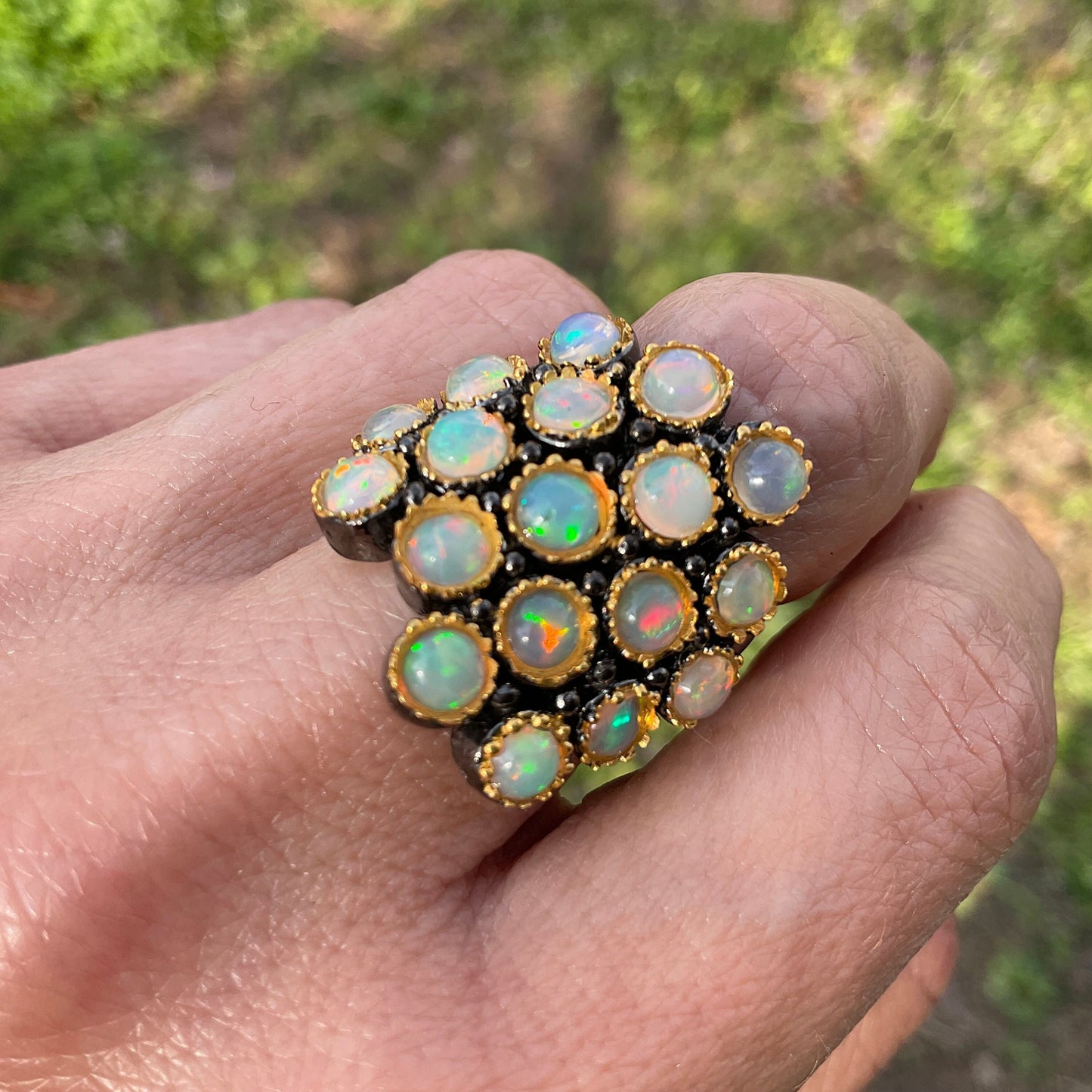 Sterling Silver Orange Rainbow Natural cluster Opal Ring 8