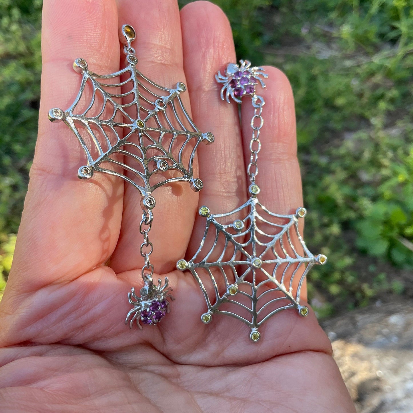 Sterling Silver Spider web citrine Rhodolite dangle earrings Colors Of Etnika