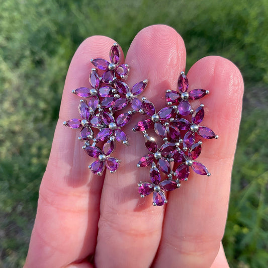 Fancy Sterling Silver Rhodolite Garnet flower earrings