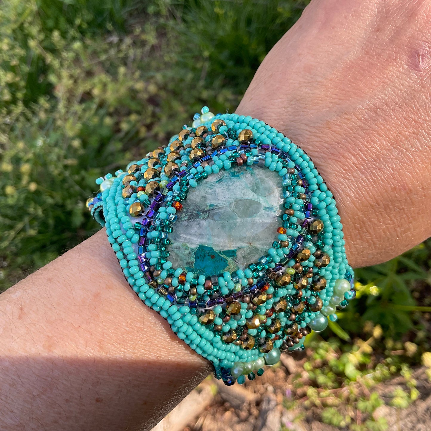 Handmade chrysocolla  Beaded Cuff bracelet Statement Multi color