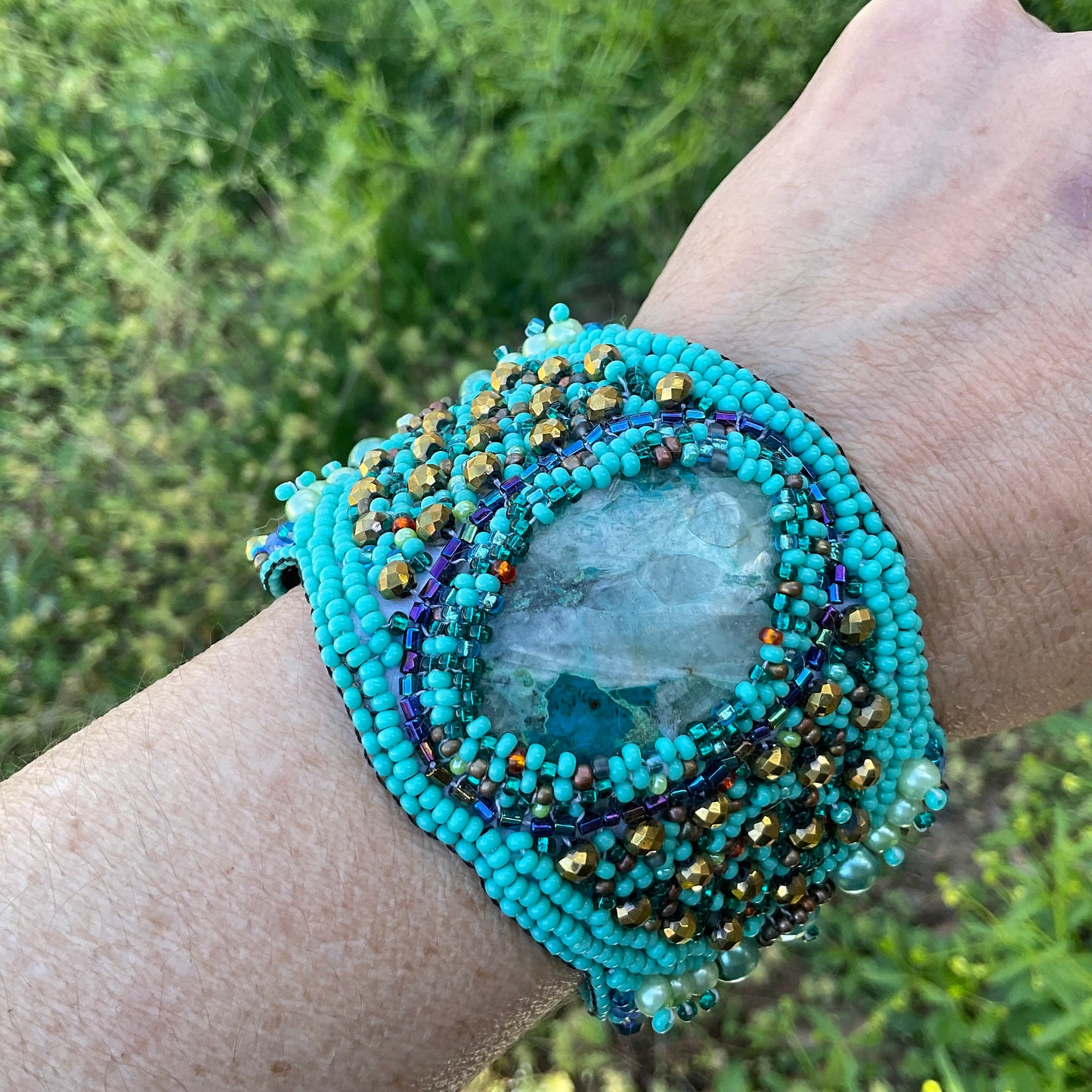 Handmade chrysocolla  Beaded Cuff bracelet Statement Multi color