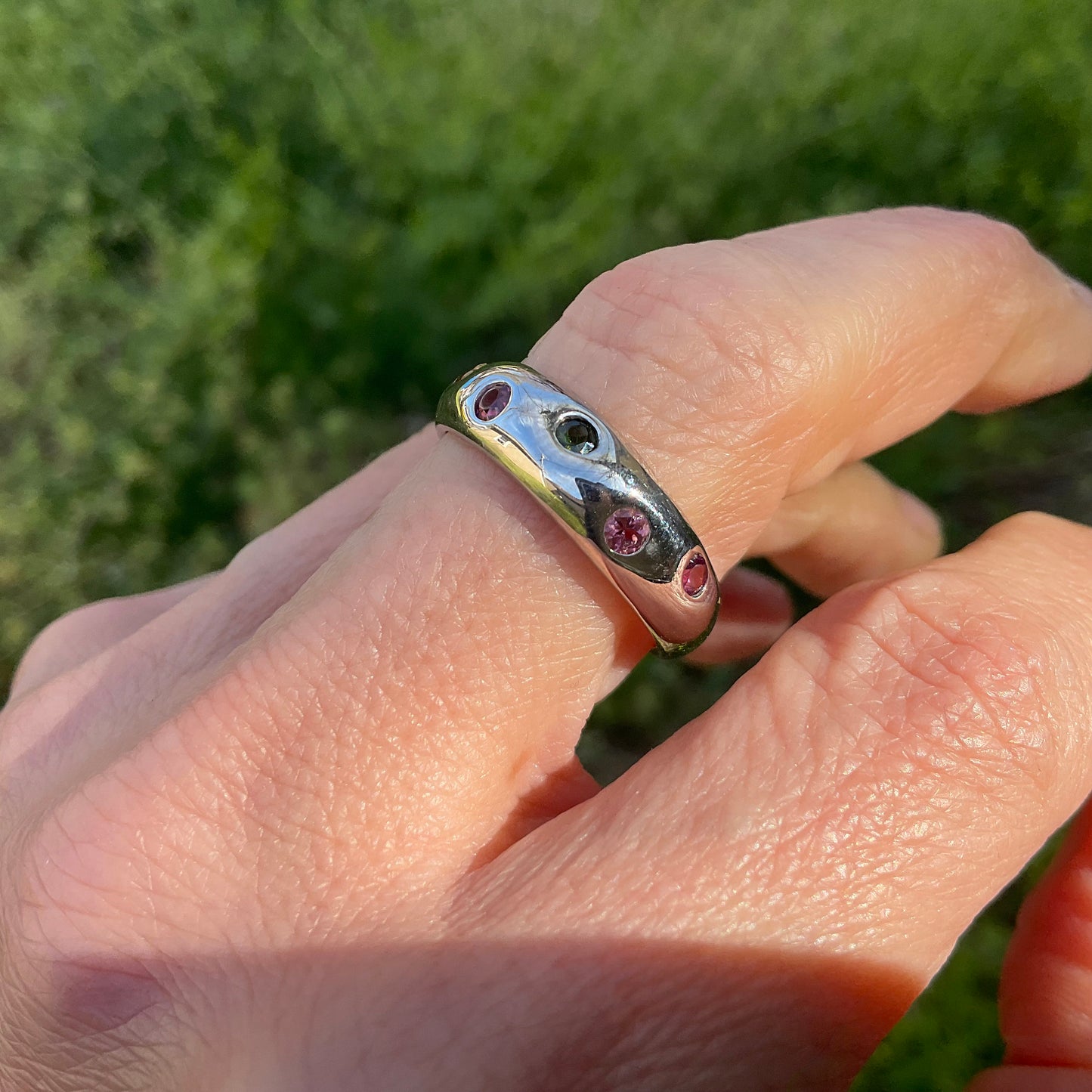 Handmade Sterling Natural tourmaline multi color Band ring 8.5