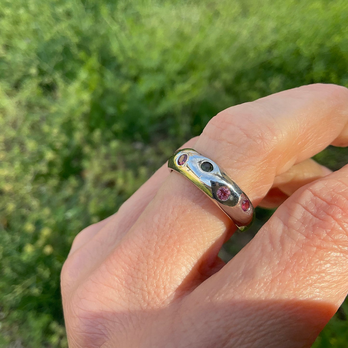 Handmade Sterling Natural tourmaline multi color Band ring 8.5
