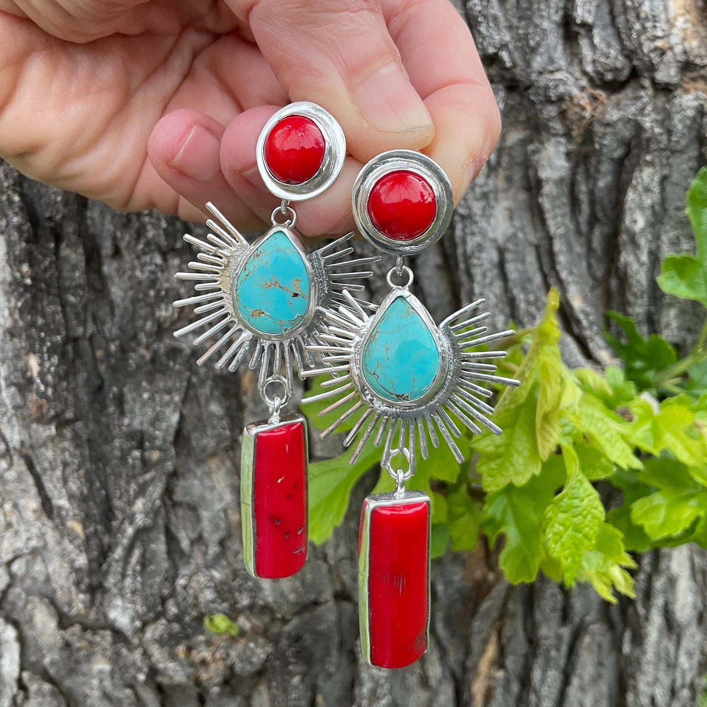 Sterling Silver turquoise coral sunburst statement dangle earrings