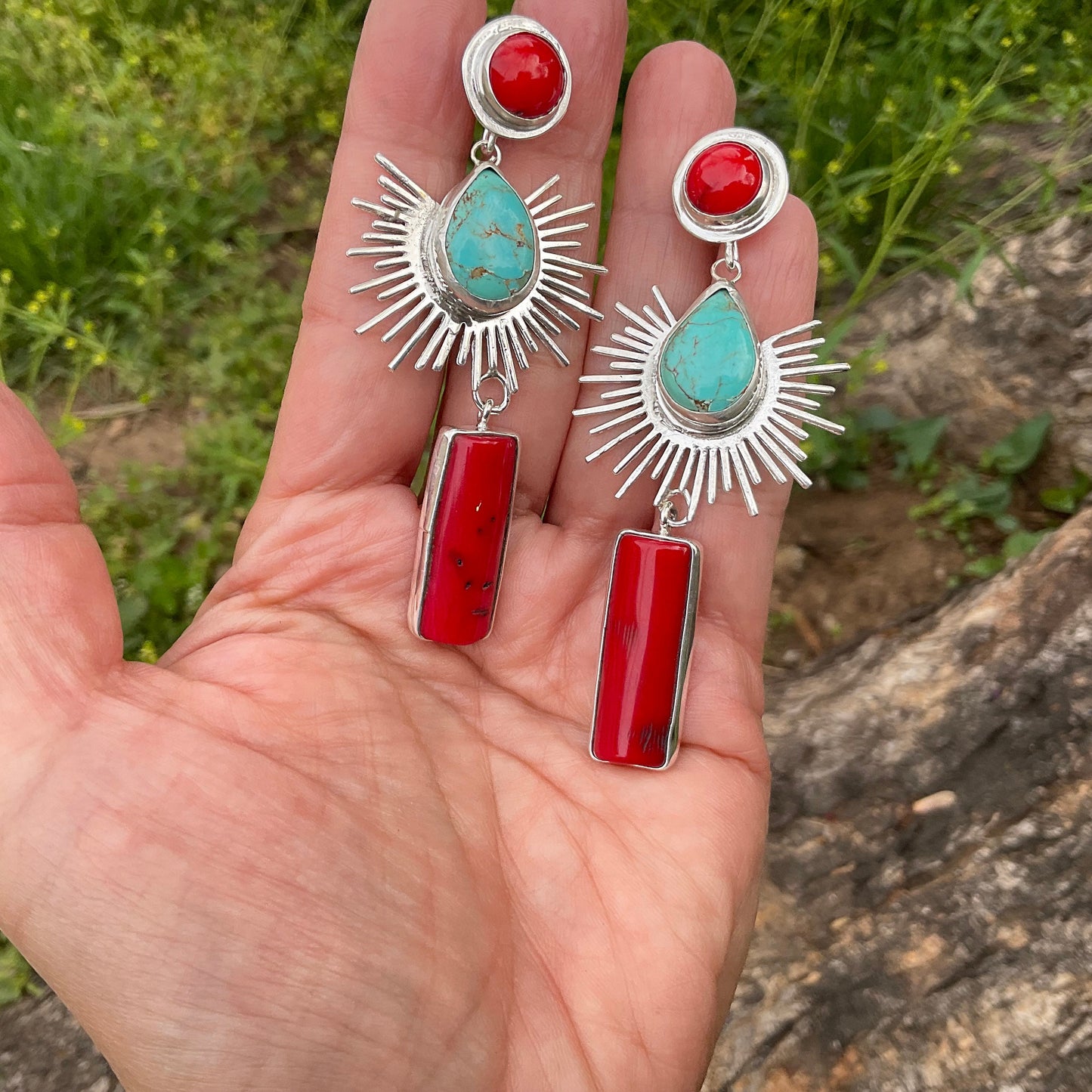 Sterling Silver turquoise coral sunburst statement dangle earrings