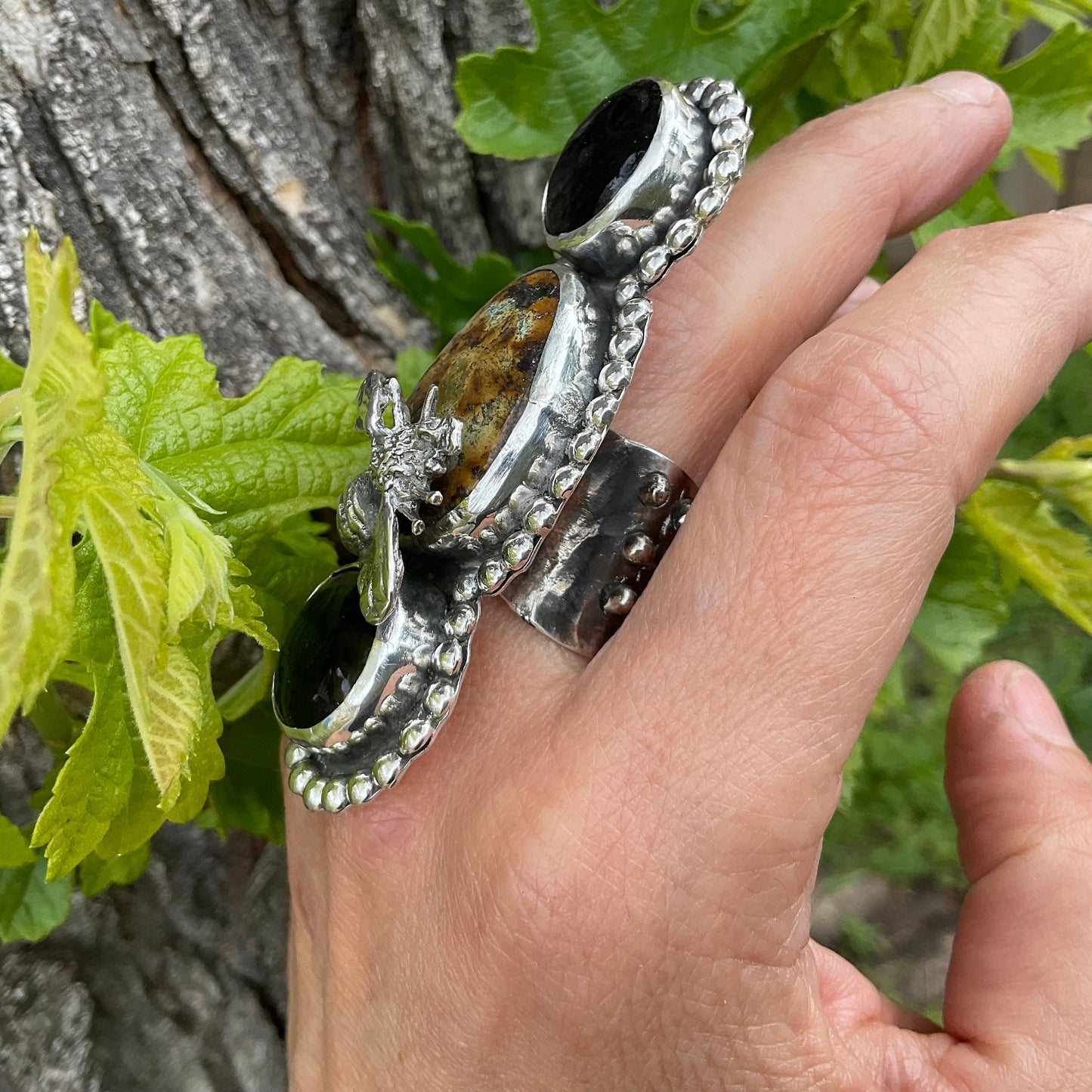 Sterling Statement turquoise oversize adjustable Bee cuff ring