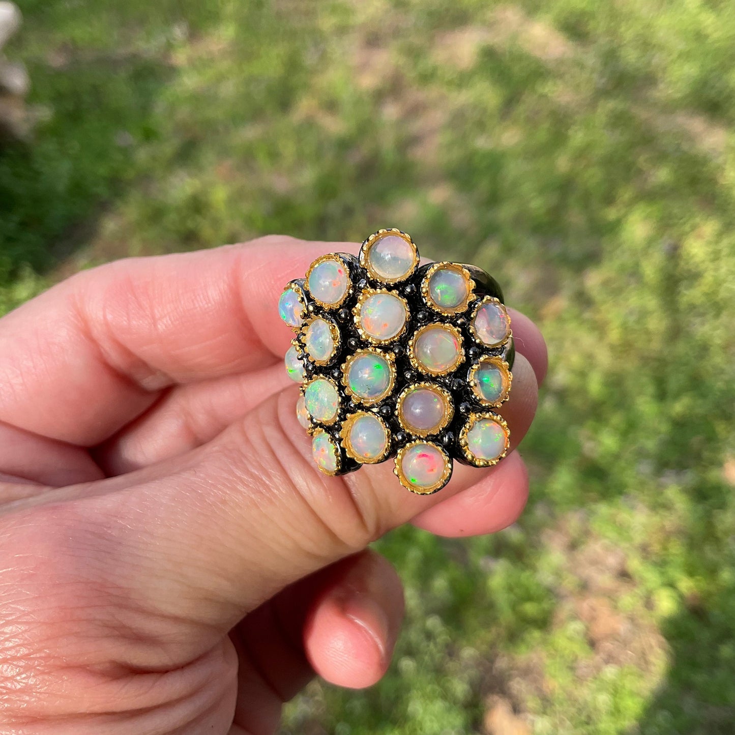 Sterling Silver Orange Rainbow Natural cluster Opal Ring 8