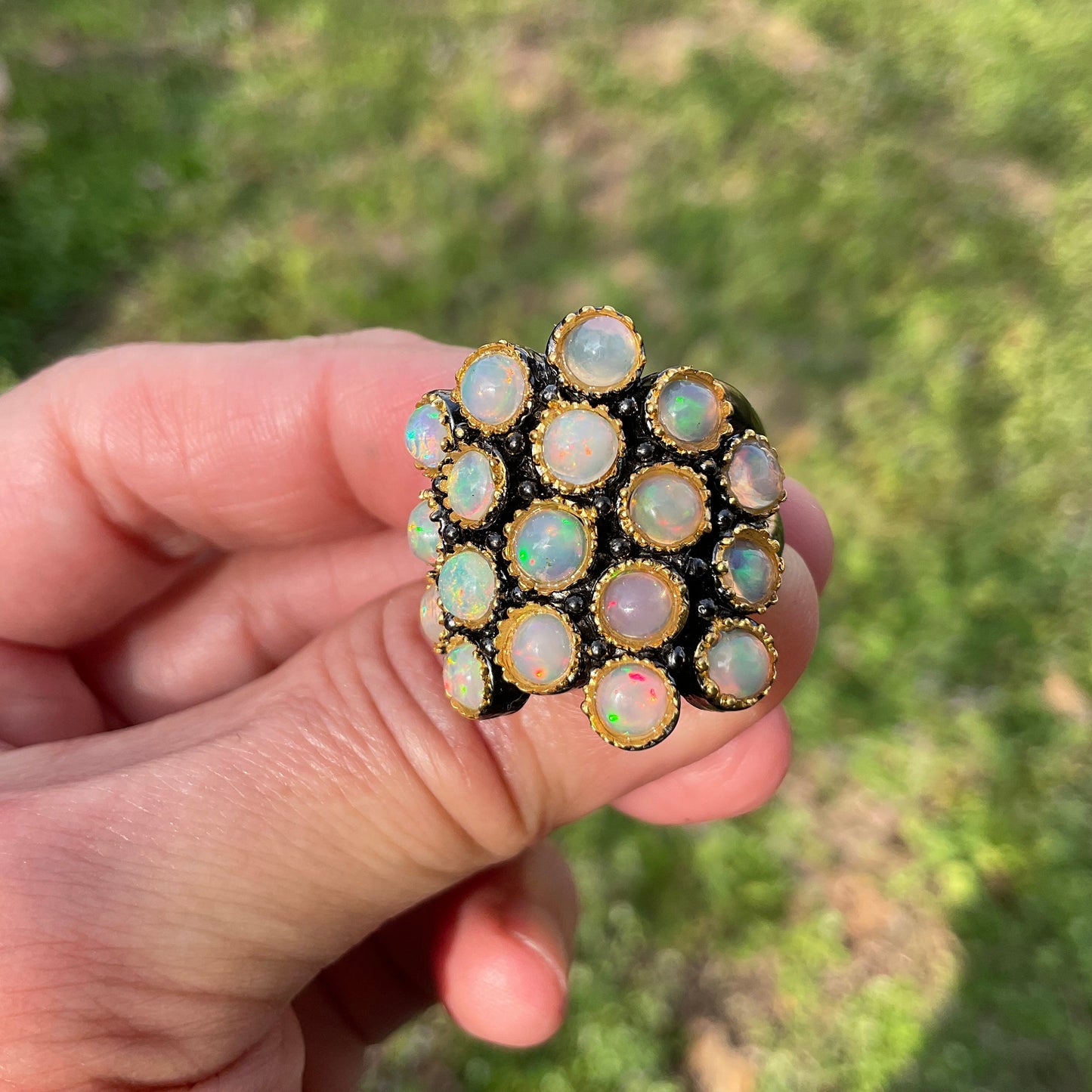 Sterling Silver Orange Rainbow Natural cluster Opal Ring 8