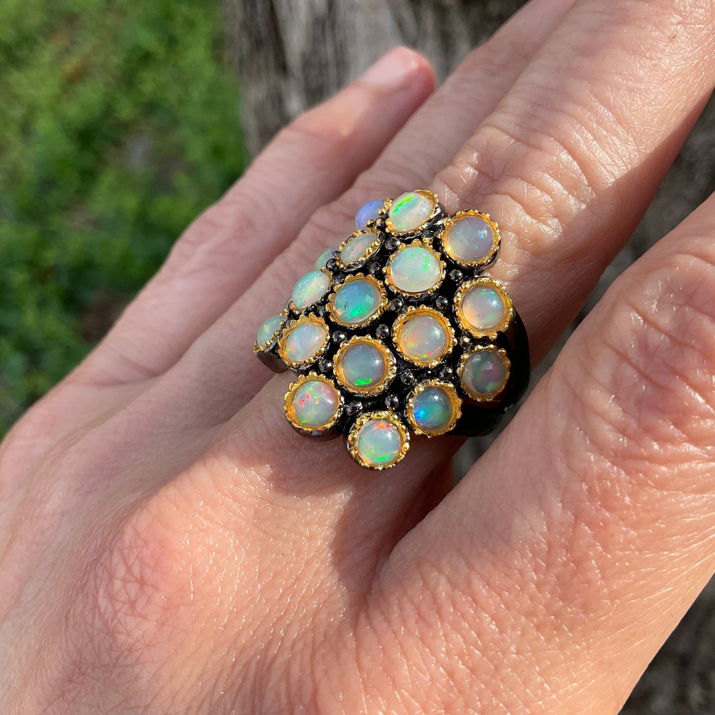 Sterling Silver Orange Rainbow Natural cluster Opal Ring 8