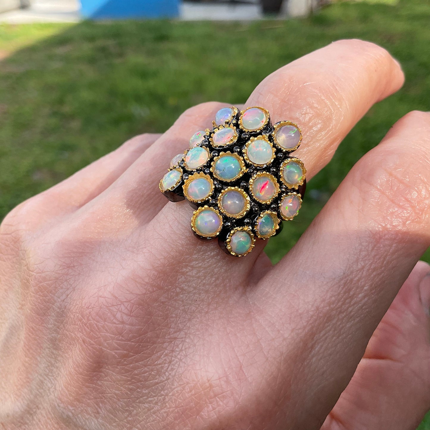 Sterling Silver Orange Rainbow Natural cluster Opal Ring 8