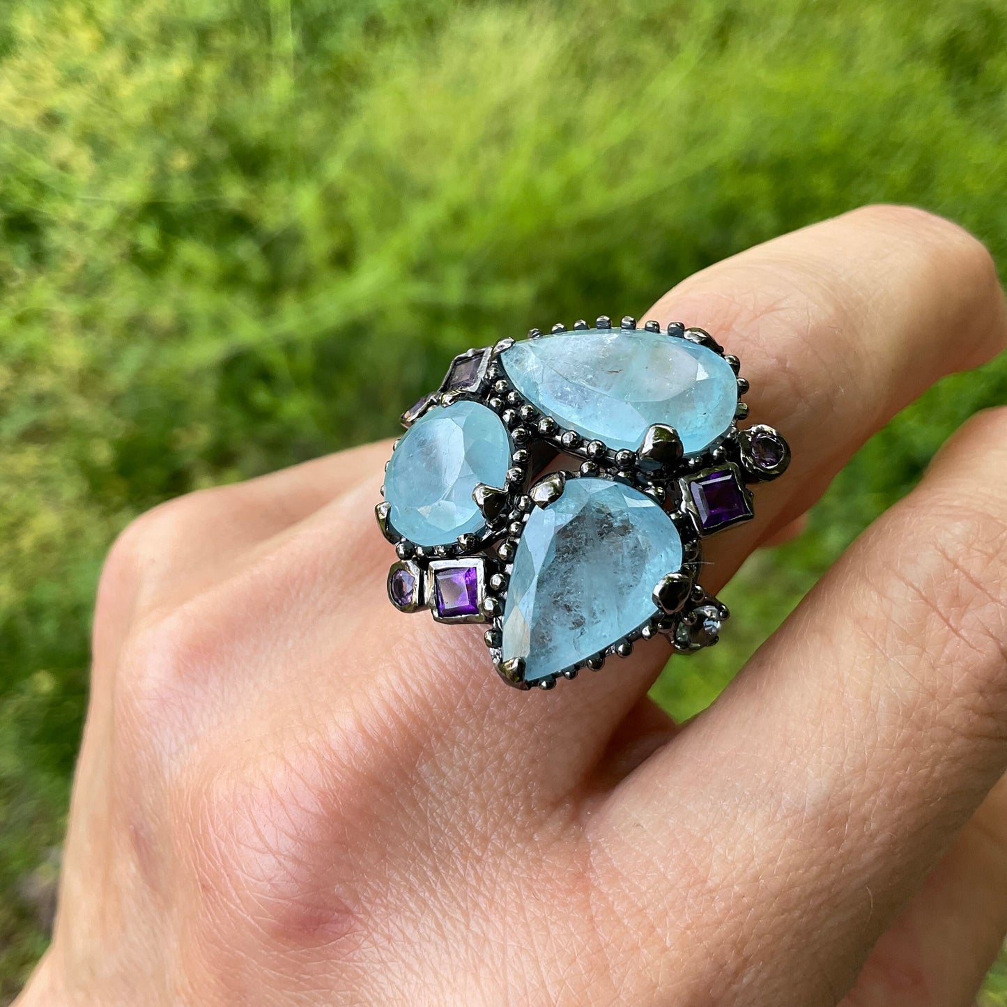 Sterling silver aquamarine amethyst statement ring 8.5