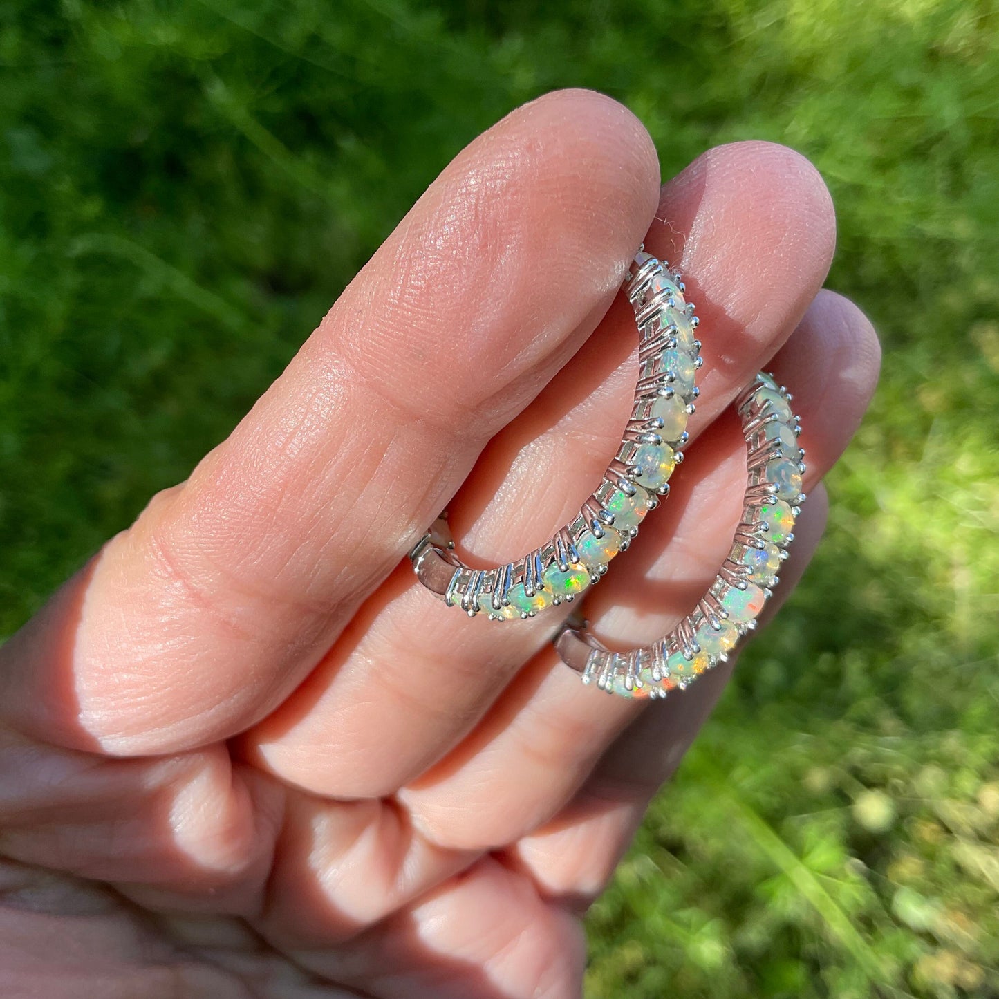 Sterling Silver Natural rainbow opal Hoops earrings