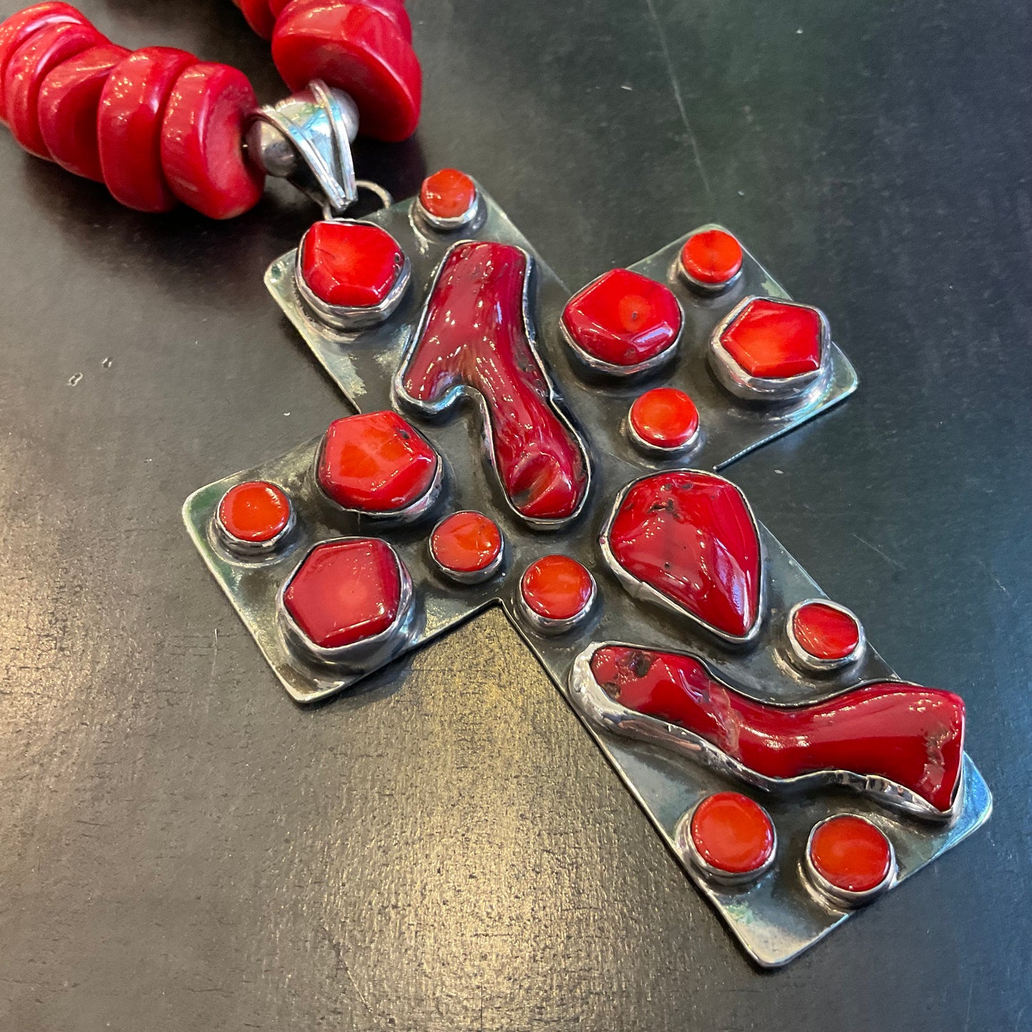 sterling silver Natural coral obsidian cross Statement necklace