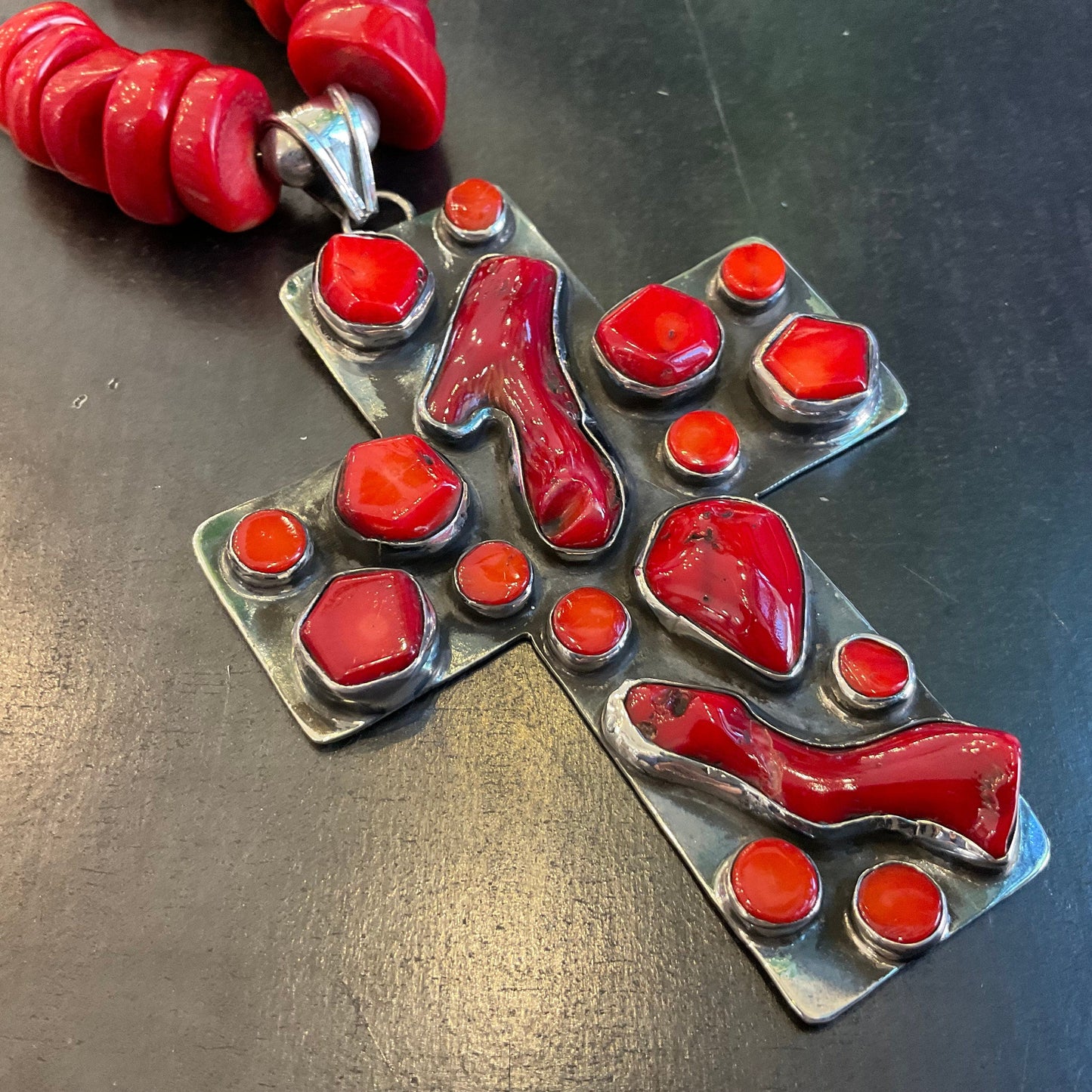 sterling silver Natural red branch coral obsidian cross Statement necklace Colors Of Etnika