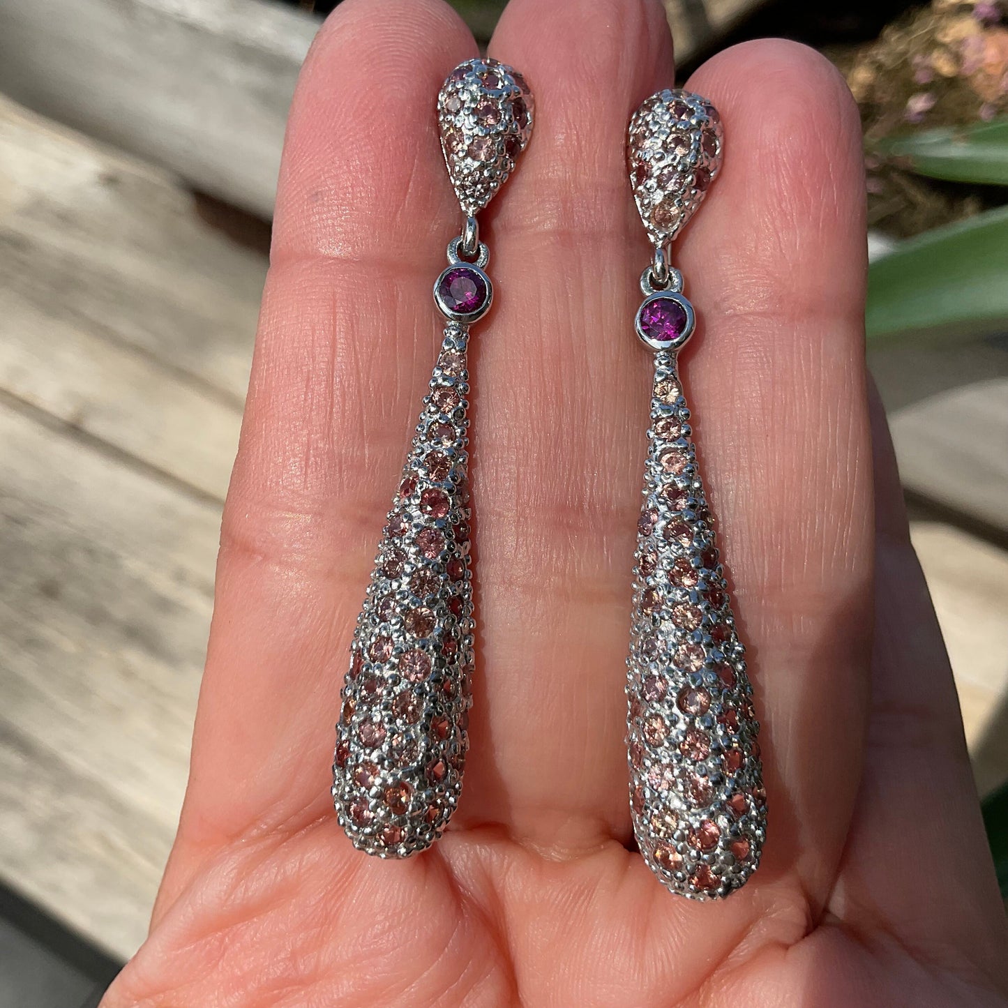 sterling silver Diamond Cut pink Sapphire dangle fancy earrings