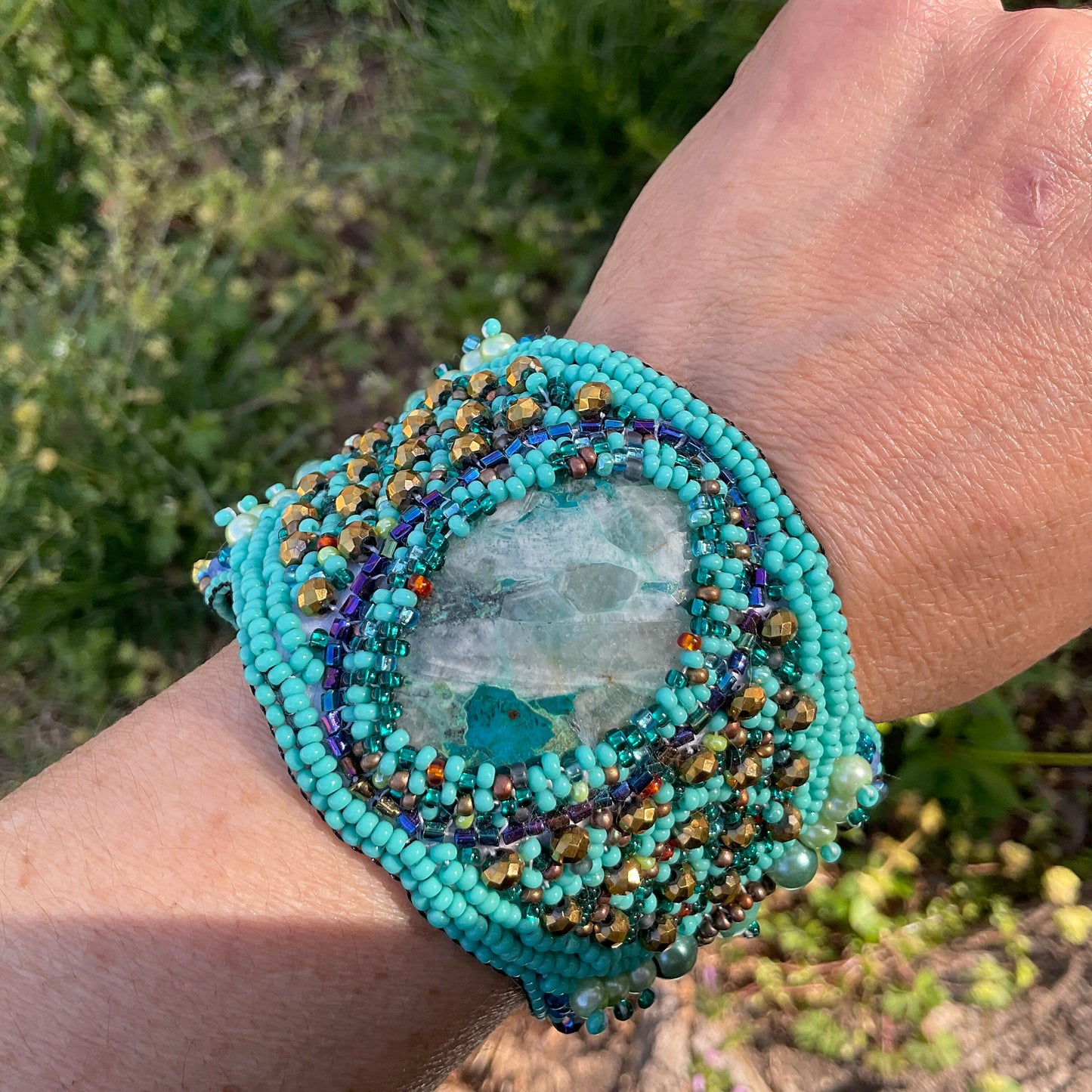 Handmade chrysocolla  Beaded Cuff bracelet Statement Multi color