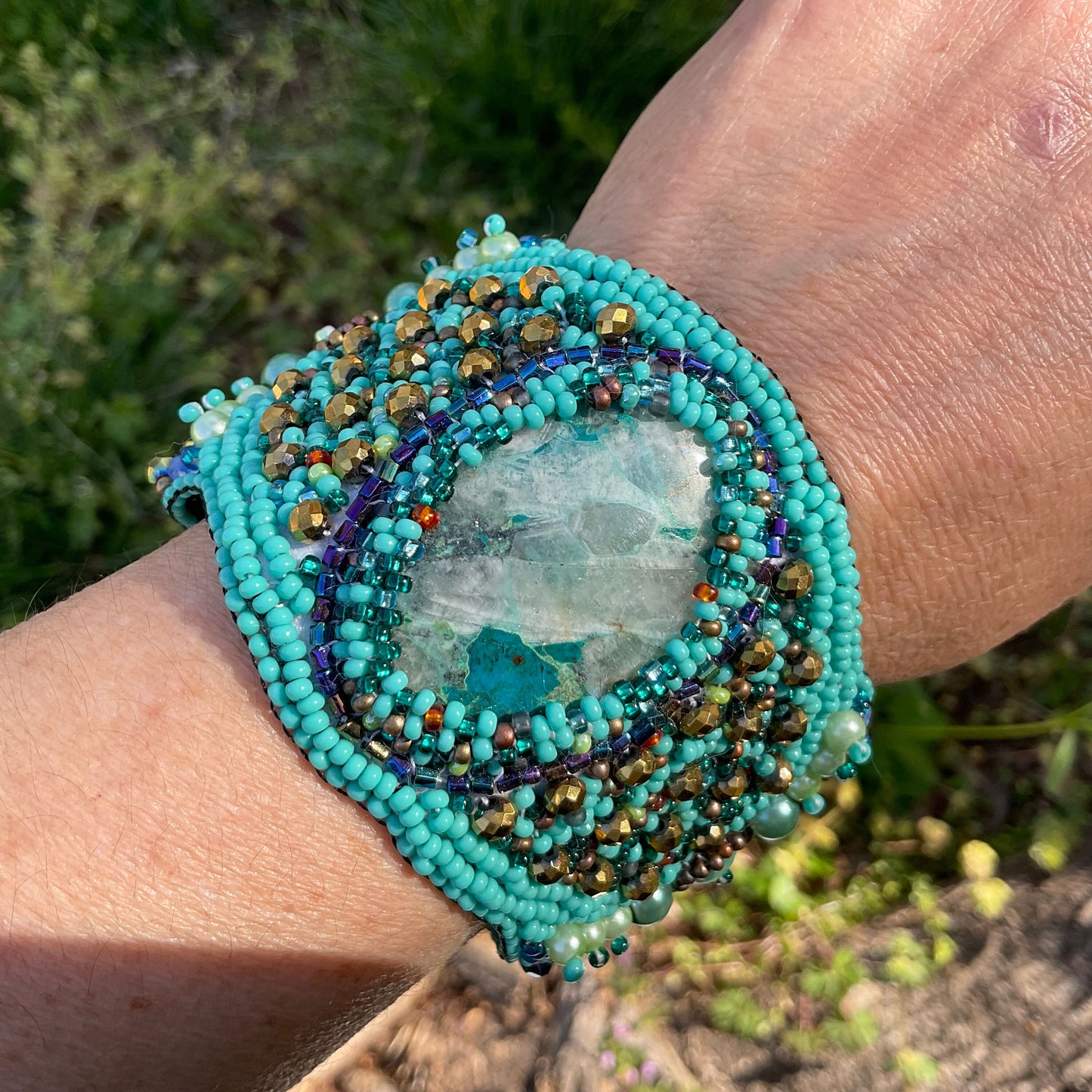 Handmade chrysocolla  Beaded Cuff bracelet Statement Multi color