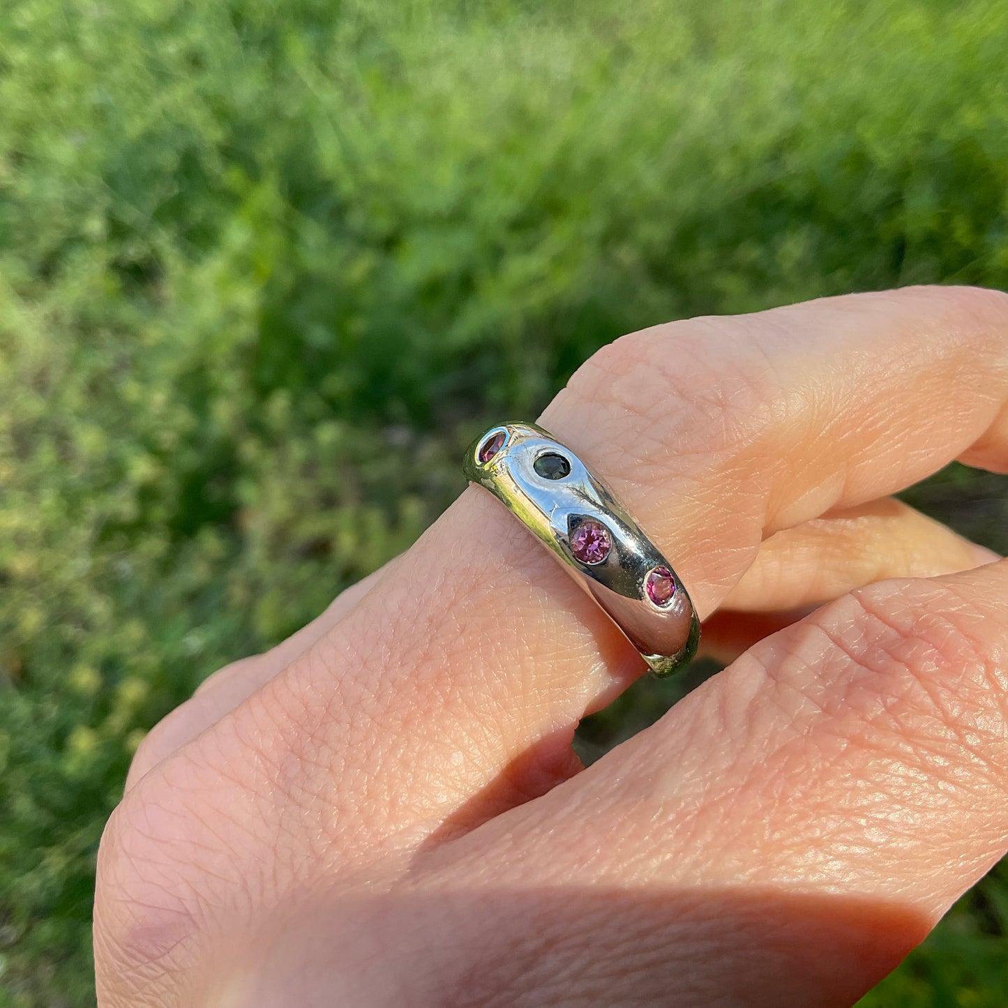 Handmade Sterling Natural tourmaline multi color Band ring 8.5
