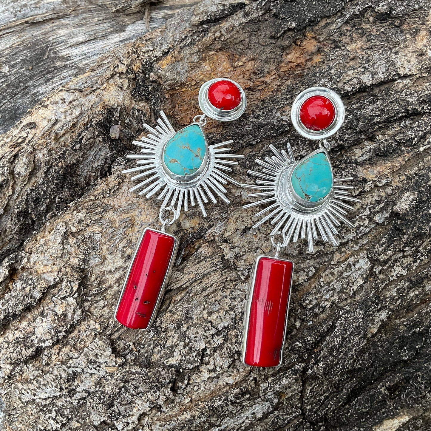 Sterling Silver turquoise coral sunburst statement dangle earrings