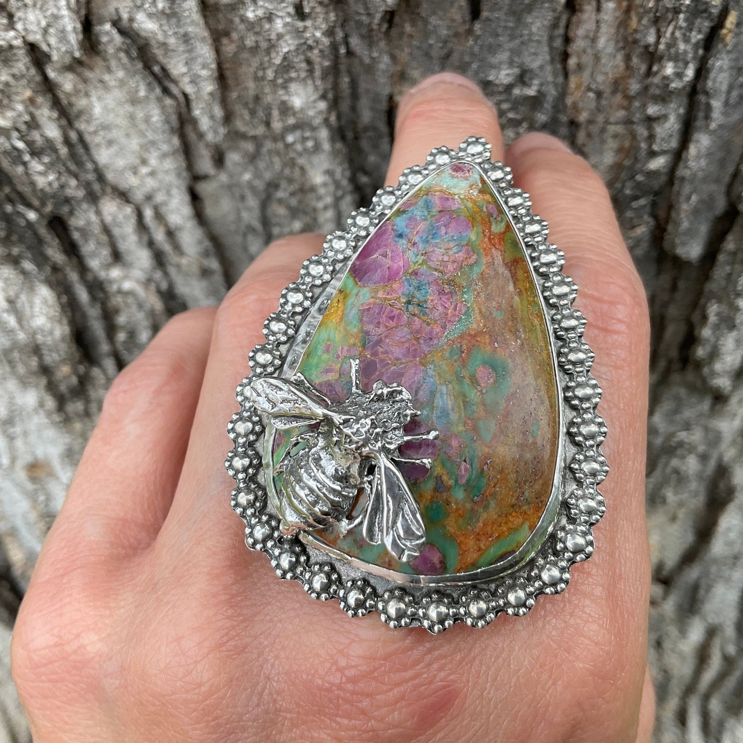 Sterling Statement Ruby in fuchsite bee oversize cuff ring