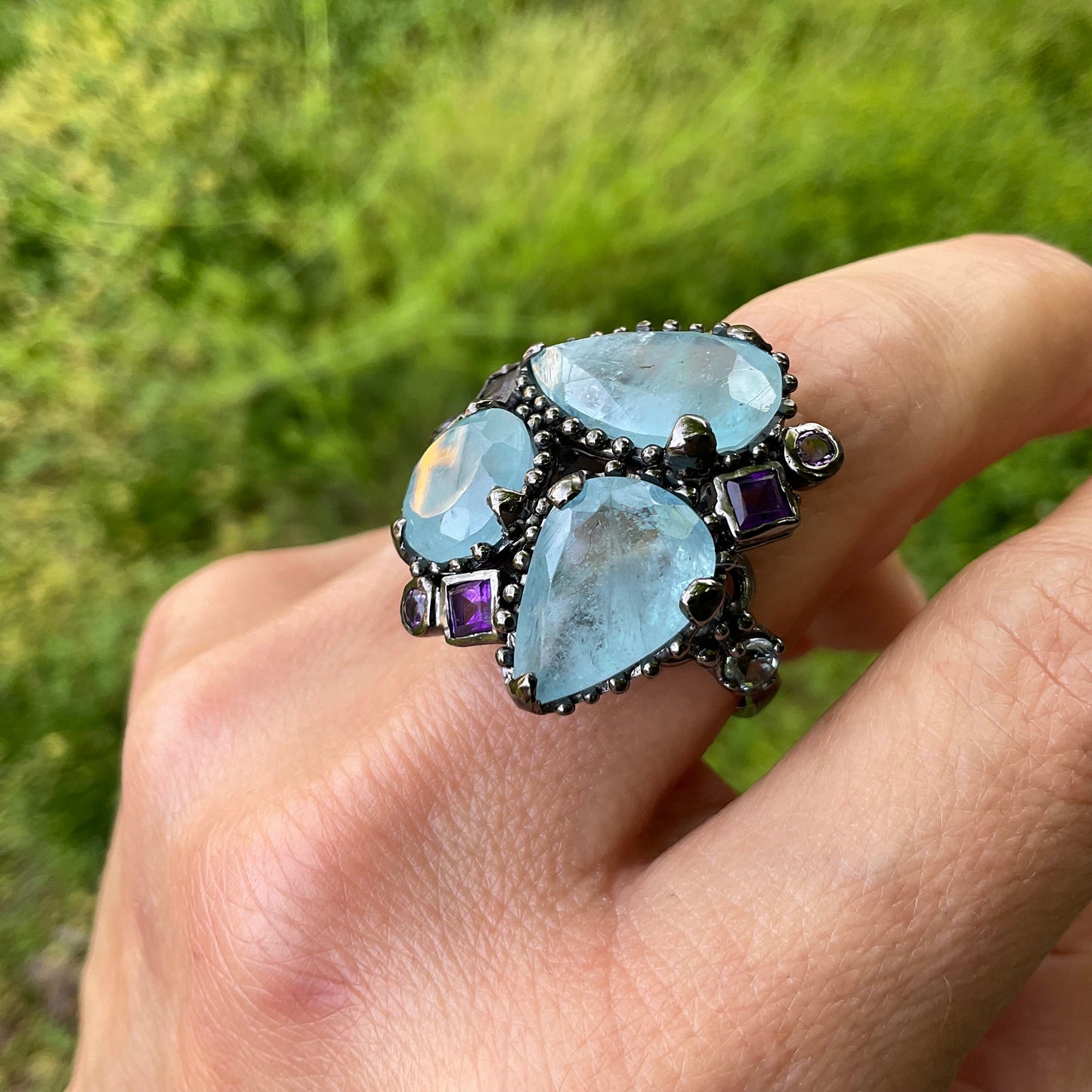 Sterling silver aquamarine amethyst statement ring 8.5