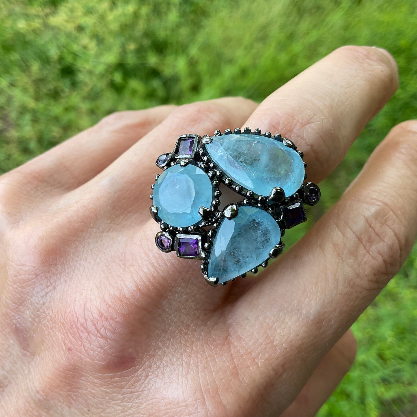 Sterling silver aquamarine amethyst statement ring 8.5