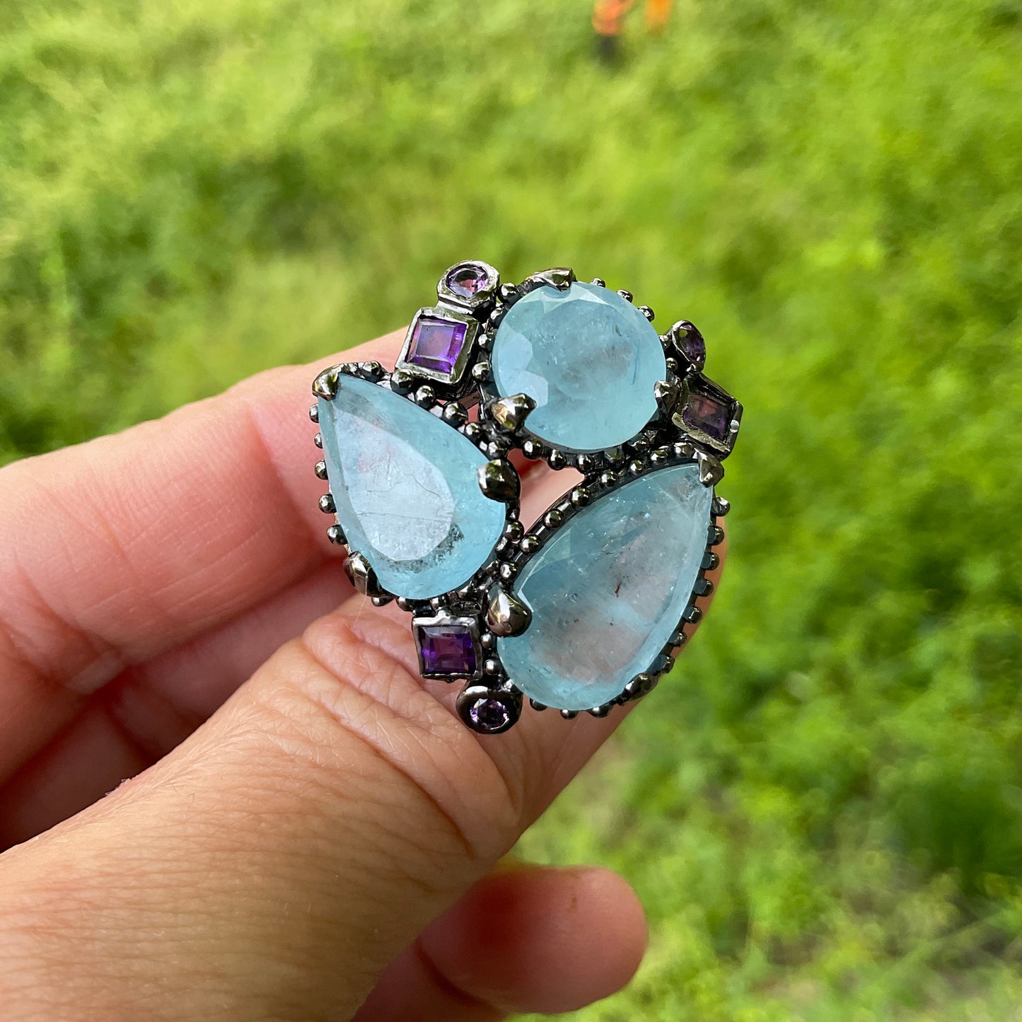 Sterling silver aquamarine amethyst statement ring 8.5