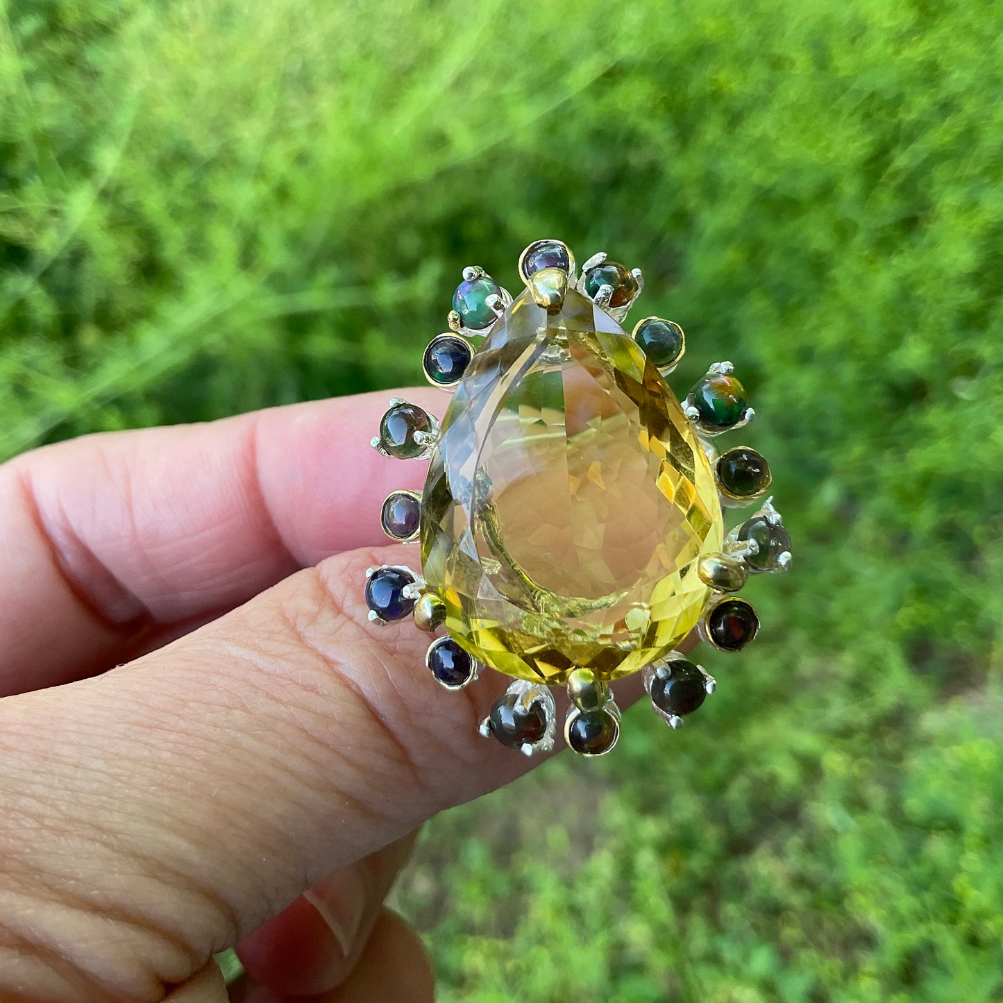 sterling silver natural art citrine pear shape black opal ring 7.5