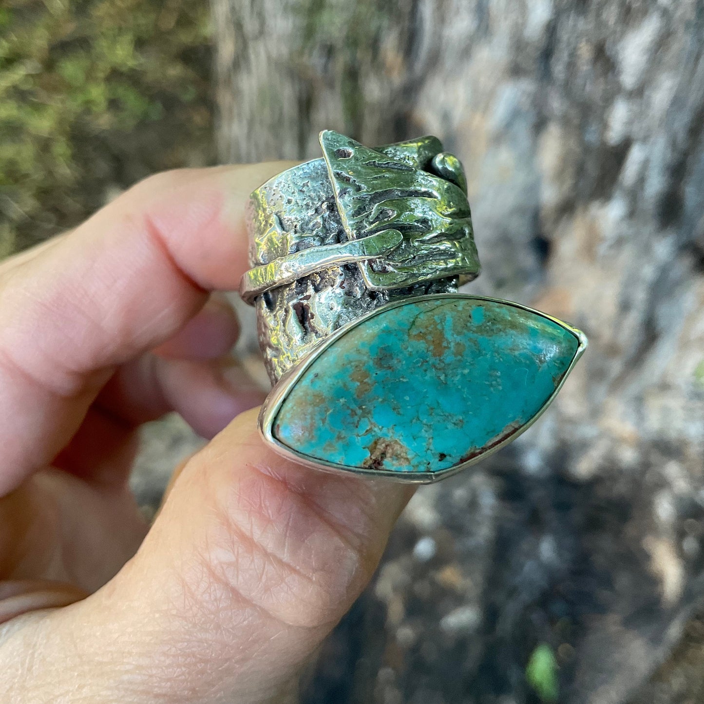 Sterling Statement marquis turquoise adjustable Brutalist cuff ring 7.5 8 9