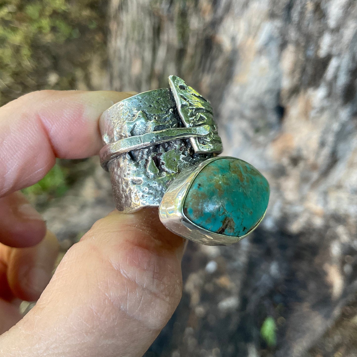 Sterling Statement marquis turquoise adjustable Brutalist cuff ring 7.5 8 9