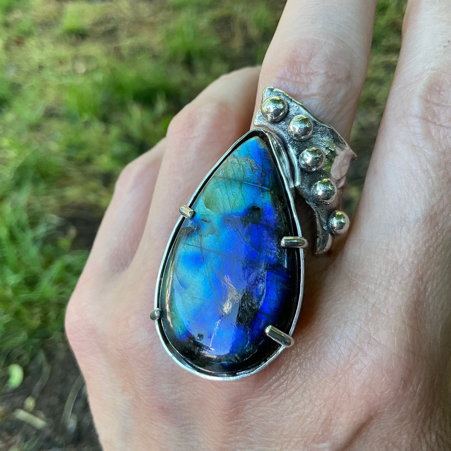 Sterling Statement spectrolite labradorite modernist cuff ring 7.5 8 9